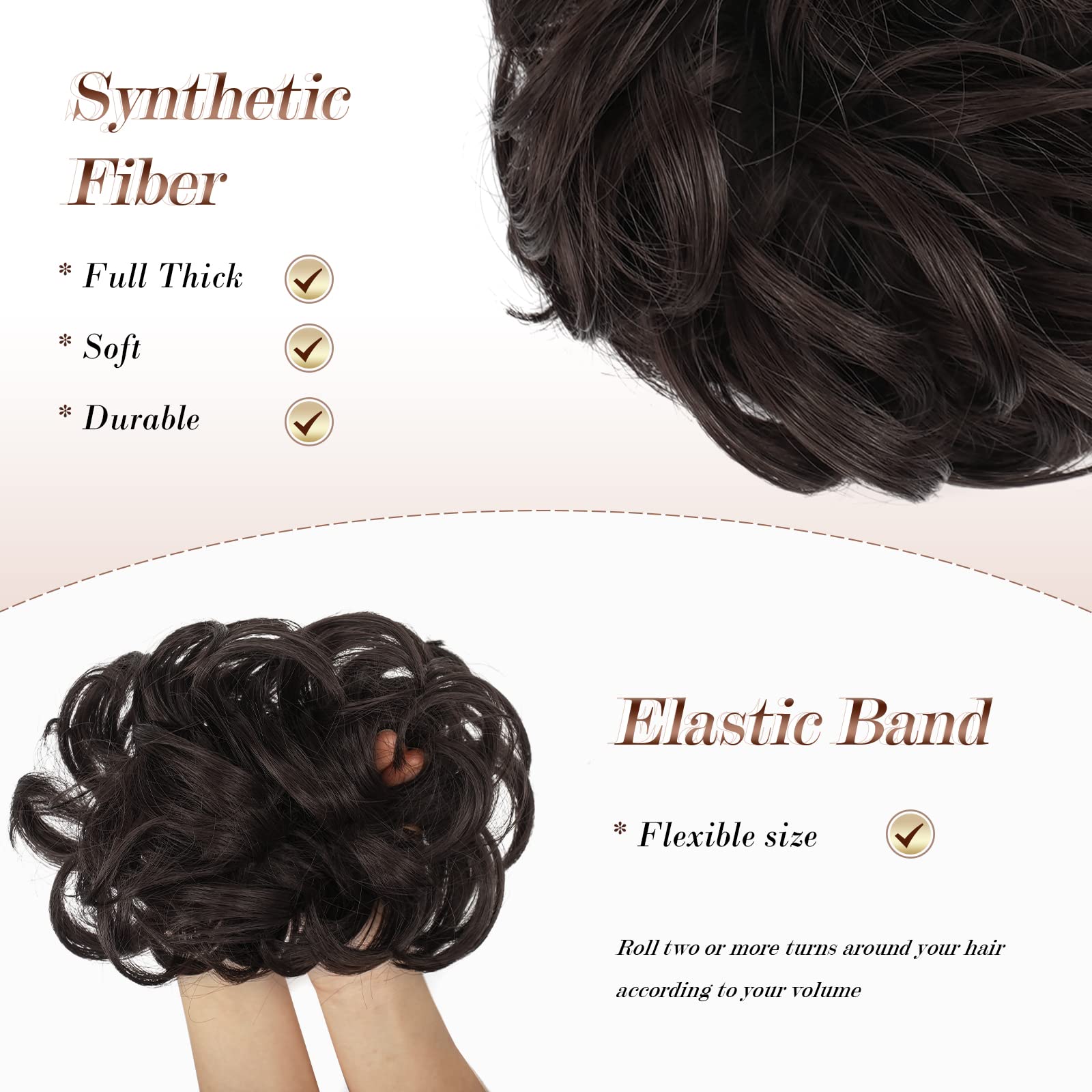Feshfen Messy Bun Hair Piece Hair Bun Scrunchies Synthetic Medium Brown Wavy Curly Chignon Ponytail Hair Extensions Thick Updo H