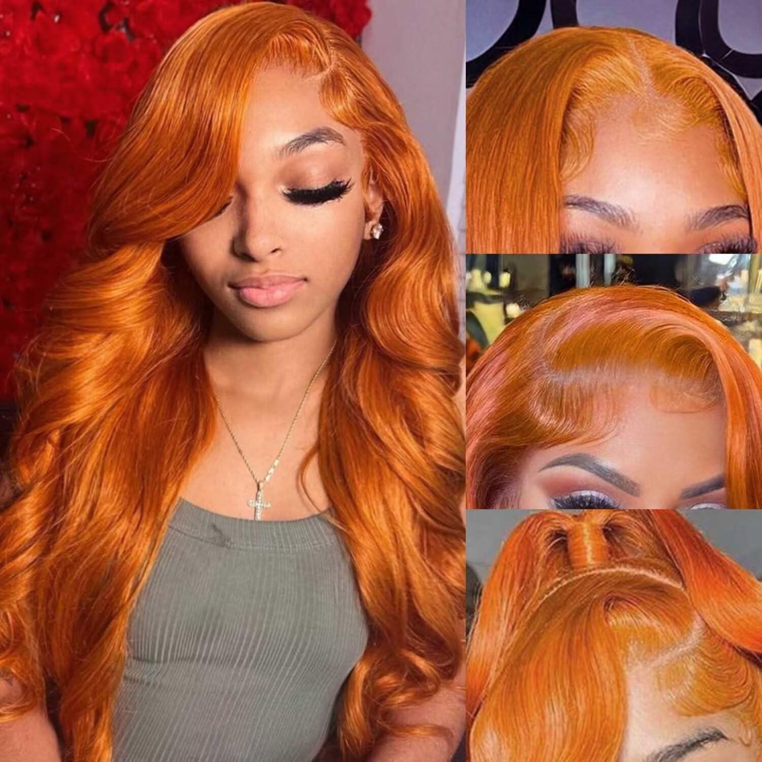 Aicrelery 34 Inch Ginger Orange 13x6 HD Lace Front Wigs Human Hair Body Wave for Women HD Transparent Pre Plucked 180% Density O