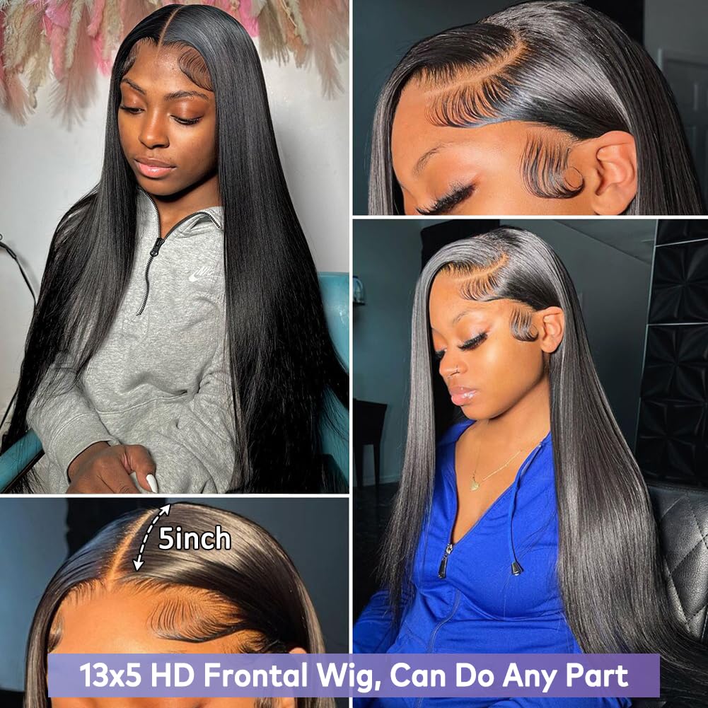 Flady 20 Inch Black Straight Lace Front Wigs Human Hair Pre Plucked Bleached Knots 13X4 Hd Lace Frontal Wigs Human Hair 180% Den