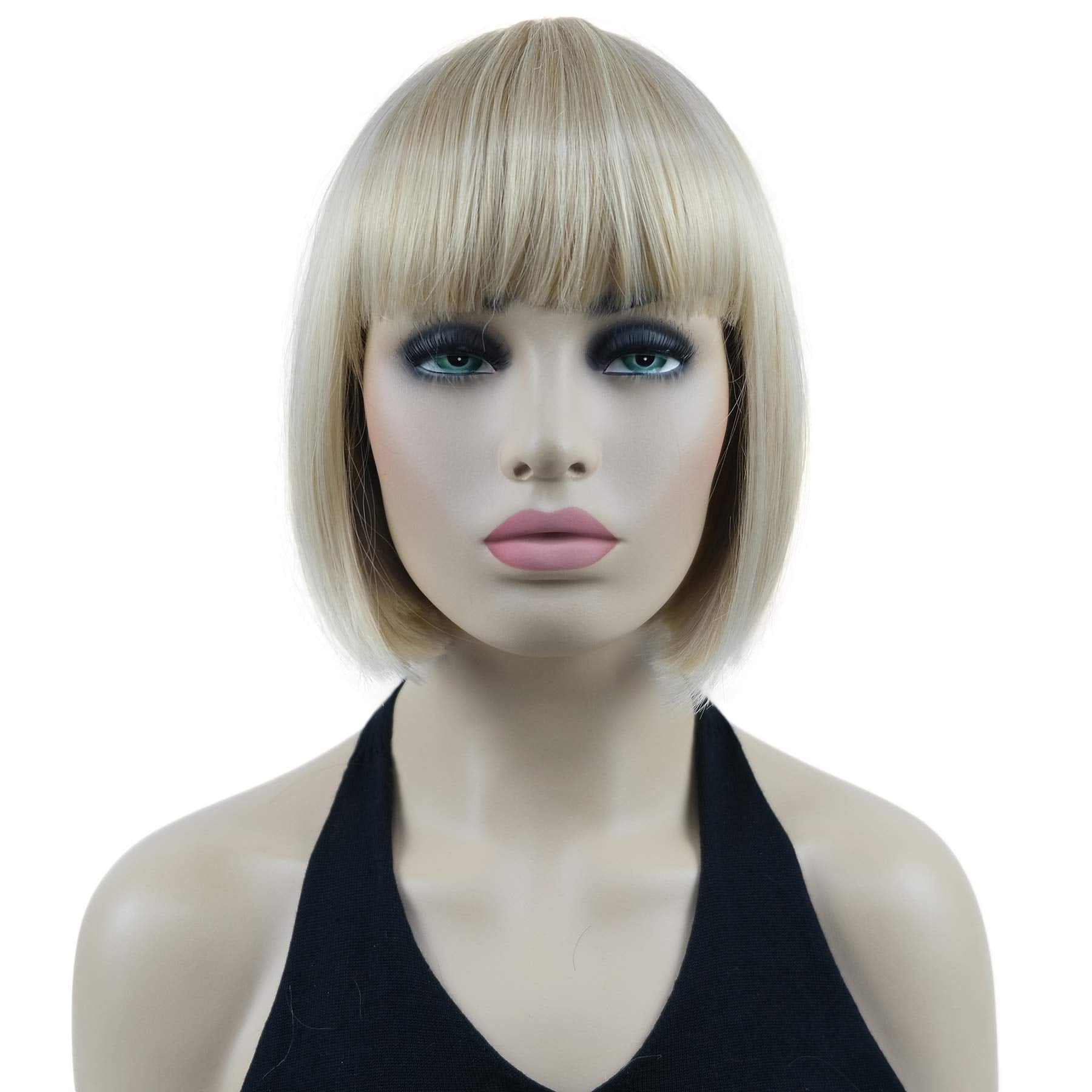 Lydell 8'' Straight Short Bob Hair Flat Bangs Cute Central Dot Skin Top Heat Resistant Synthetic Wigs (24Bt613 Blonde Mix)
