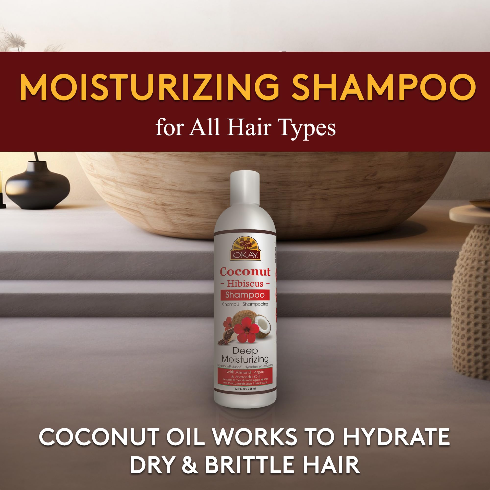 OKAY | Coconut Hibiscus Shampoo | For All Hair Types & Textures | Restore, Rehydrate, Strengthen Hair | With Almond, Argan & Avo