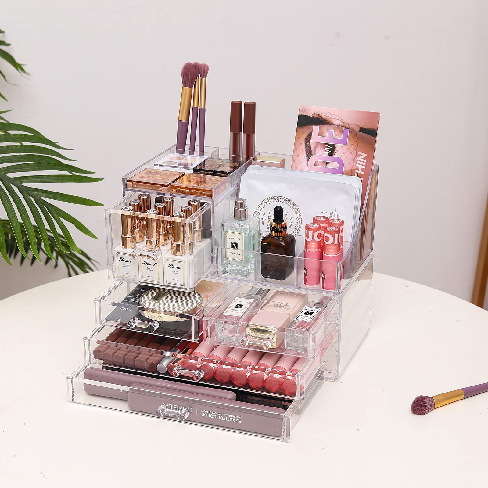 Cq Acrylic 2 Pack Clear Make Up Organizer Countertop,Stackable 5 Drawers Makeup Storage,Cute Vanity Organizers For Dresser Hair