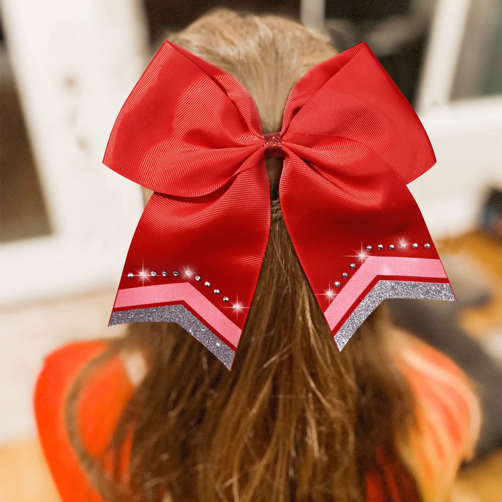 Large Glitter Hair Bows Set Of 8 - 8'' Red Rhinestone Sequin Bows For Girls, Teen Cheerleaders, Softball, And Sports