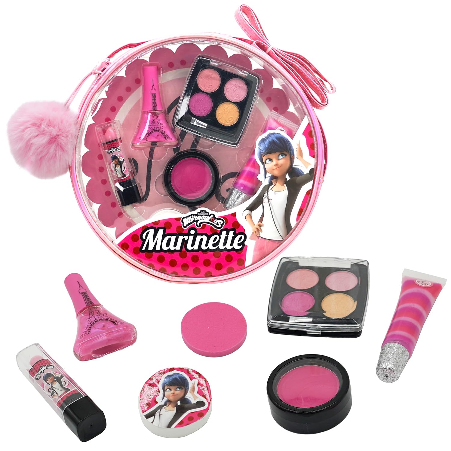 Miraculous Ladybug Kids Makeup Set - 10 Piece Bag with Nail Polish, Hair Chalk, Stickers & More, Curated Gift Sets - Safe, Non-T