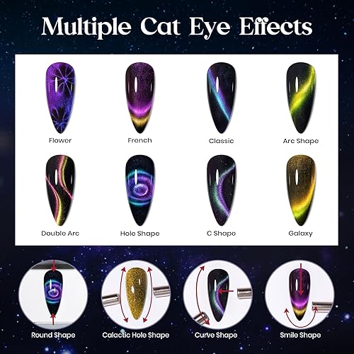 Mizhse 9D Cat Eye Gel Nail Polish, 8 Colors Upgraded Magnetic Gel Polish Kit With Magnet Stick, Galaxy Chameleon Effect Silky Ca