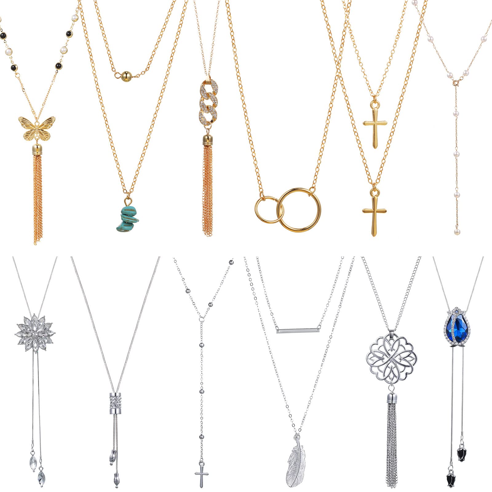 Hicarer 12 Pieces Long Pendant Necklace Set Y Tassel Leaf Circle Bar Necklace for Women (Elegant Style)