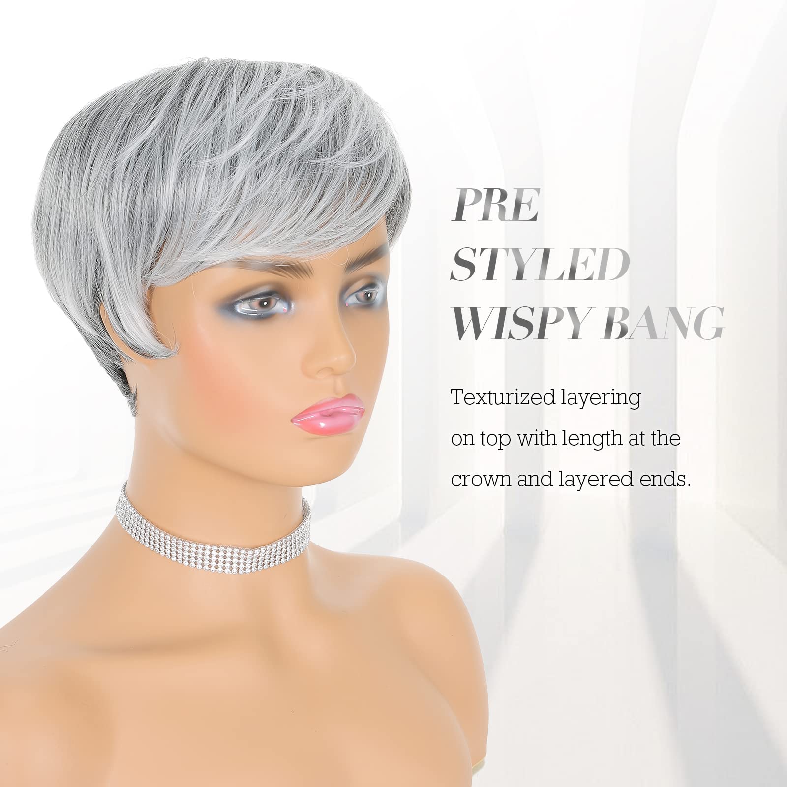 Feshfen Pixie Cut Wigs Synthetic Short Ombre Gray Pixie Haircut Wig With Bangs Glueless Layered Wig Wavy Grey To Black Wigs For