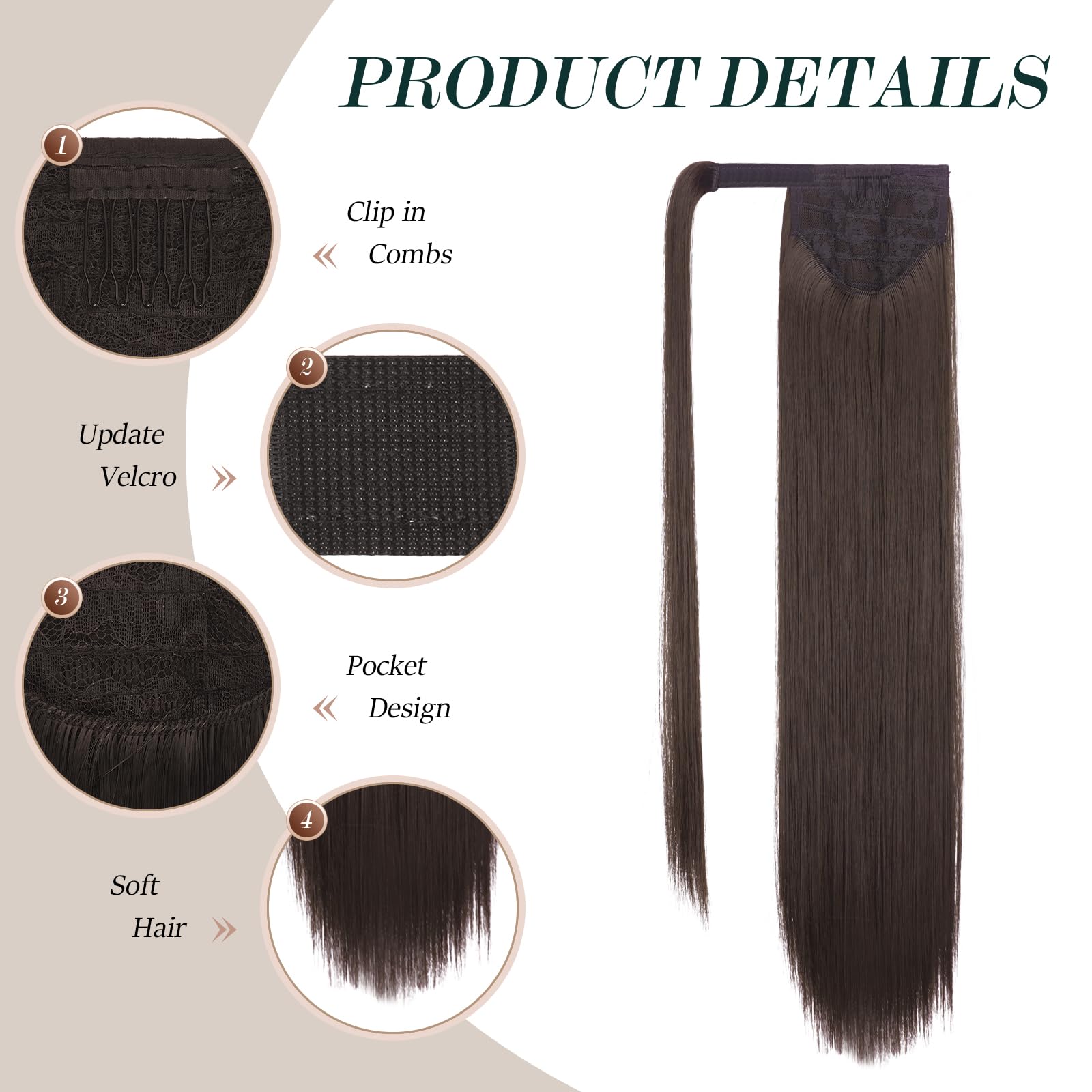 Feshfen Straight Long Ponytail Extensions 24 Inch Brown Wrap Around Synthetic Ponytails Hair Piece Pony Tail Hair Extensions Hai