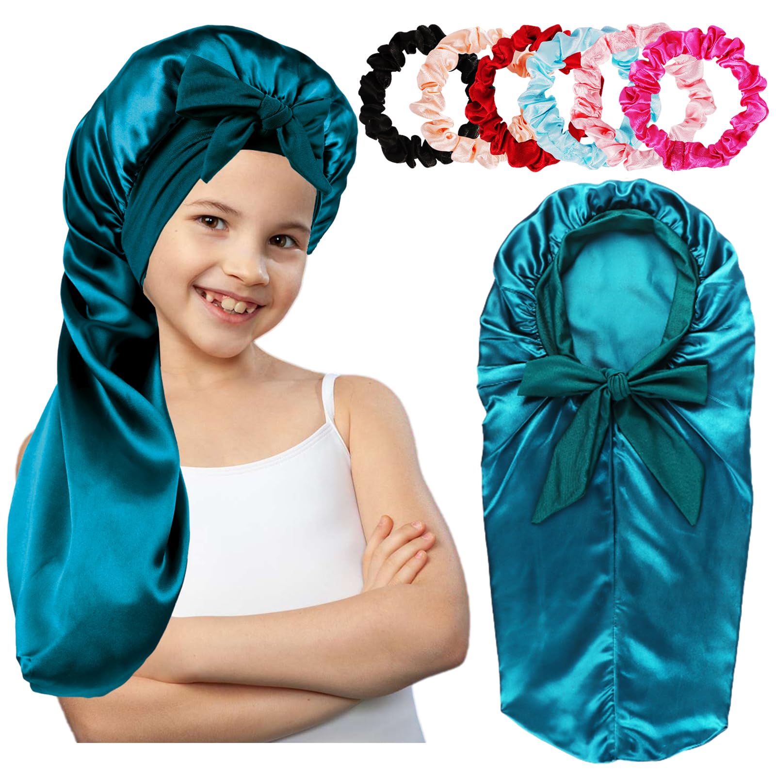 Long Kids Bonnets for Girls,Bonnet for Sleeping Kids,Satin Bonnet for Kids Braids,Curly Hair (Teal)