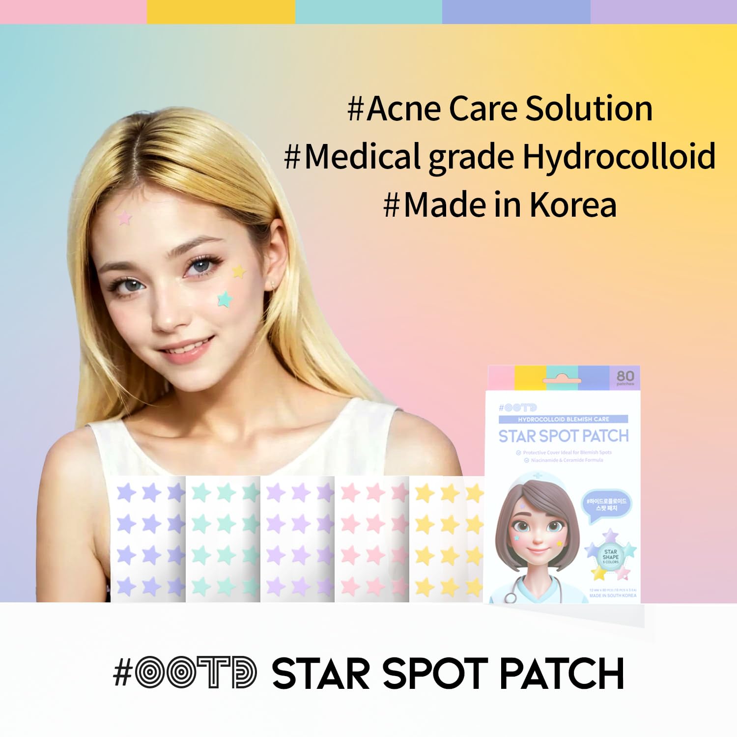 Star Spot Acne/Pimple Patch For Face, Hydrocolloid, Niacinamide, Ceramide, Cute Pastel Colors, Protecting & Healing, Prevent sca