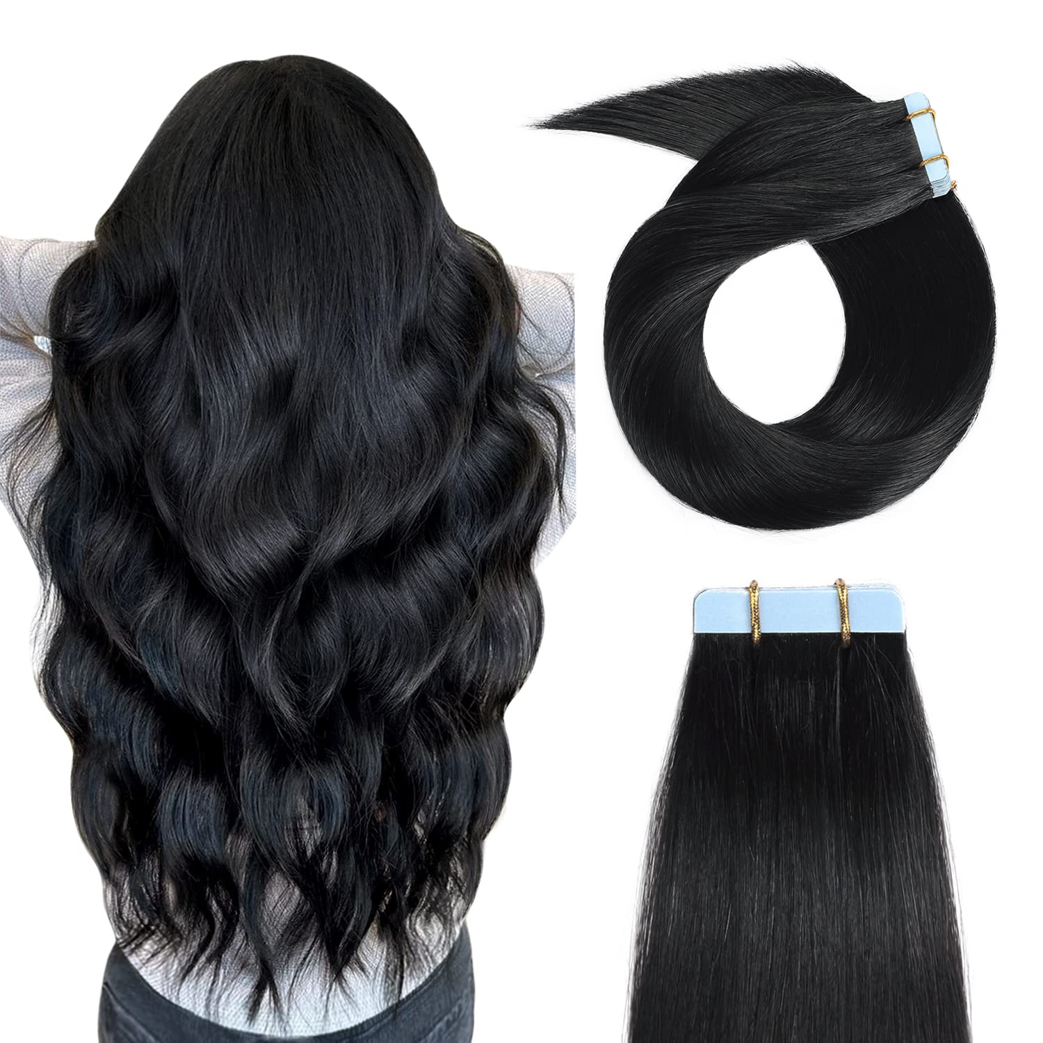 Yilite Tape In Hair Extensions Human Hair 12Inch #1 Jet Black Seamless Silky Straight Tape In Human Hair Extensions 20Pcs 40G