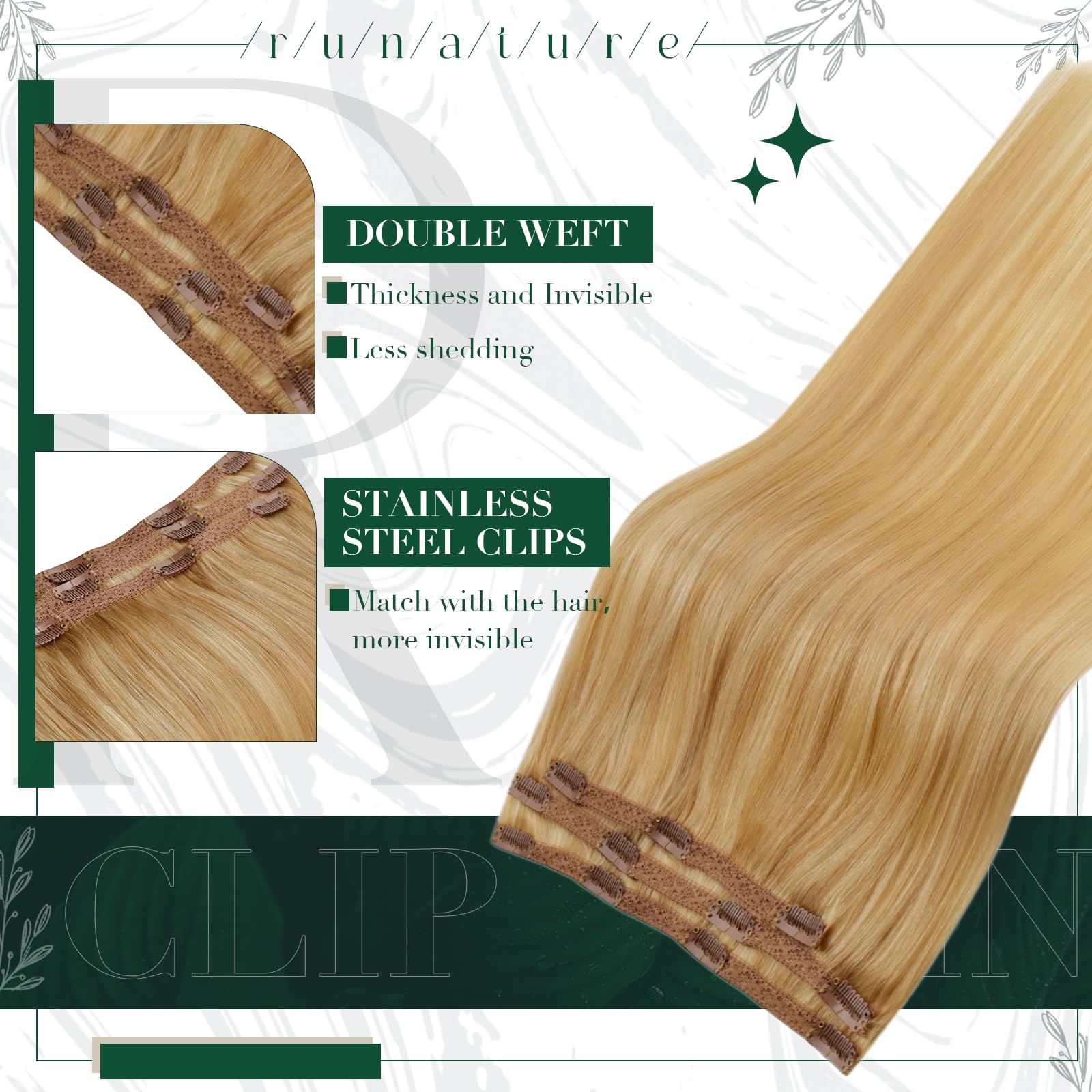 Runature 20 Inch Clip In Hair Extensions Real Human Hair Long Hair Extensions Clip Ins Double Weft Straight Clip In Human Hair E