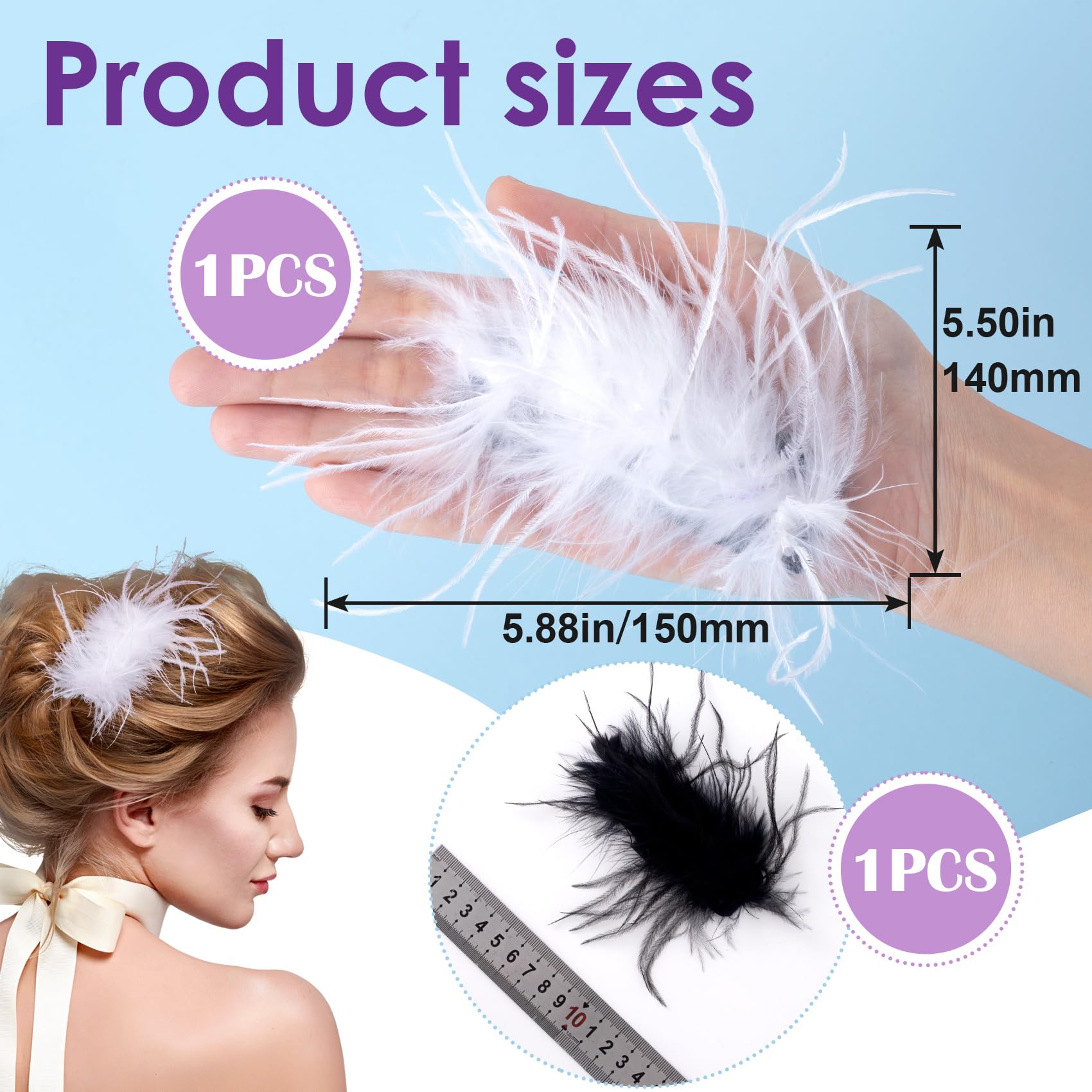 Oiiki 2Pcs Ostrich Hair Clip, Black/White Feather Hairgrip Retro Hair Jewelry Accessories For Women Bride Party Festival Valenti