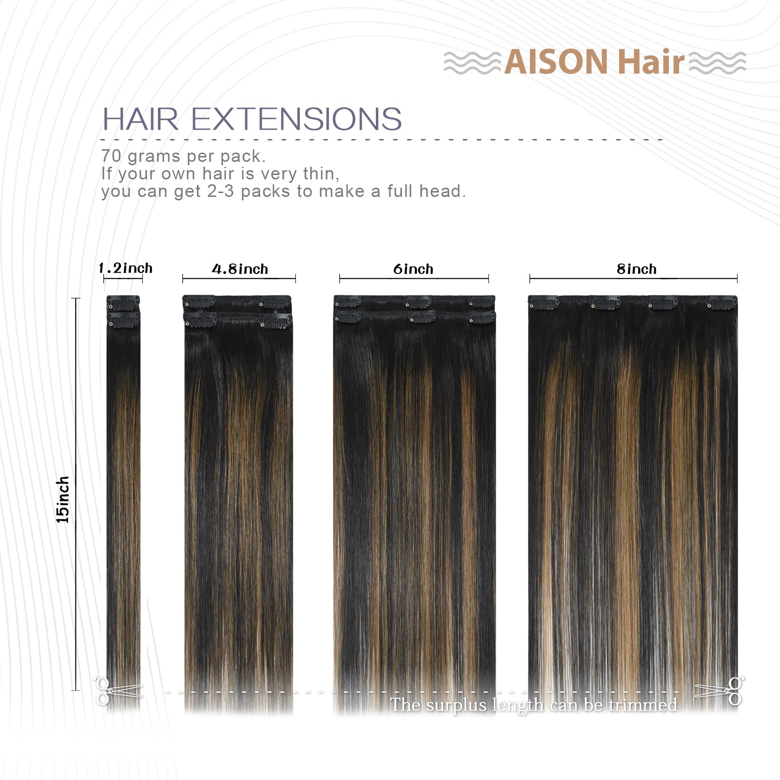 Aison Clip in Hair Extensions 70G Natural Black to Chestnut Brown 100% Remy Human Hair Clip in Extensions for Fashion Women 7pcs