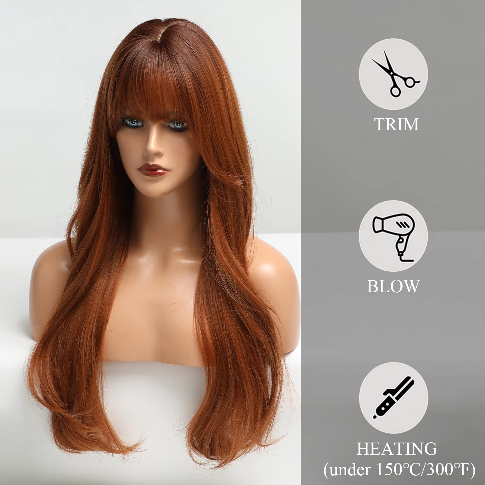 HAIRCUBE Long Auburn Wig with Bangs Layered Curly Orange Wigs for Women Natural Synthetic Wigs for Daily Use (pelucas de cabello
