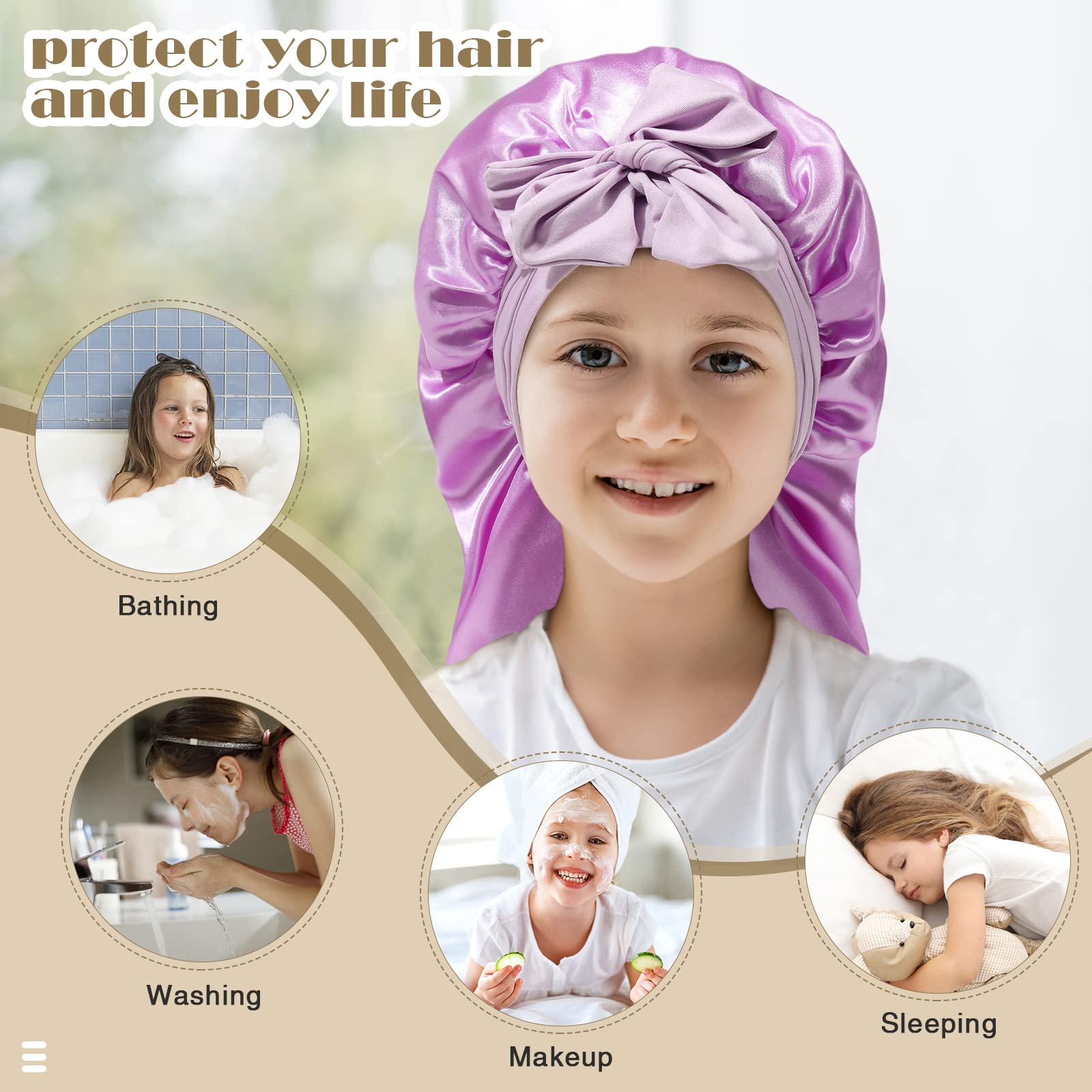 Kids Long Hair Bonnet For Sleeping - Double Layer Girls Elastic Satin Bonnet With Tie Band For Braid Curly Hair (Little Purple)