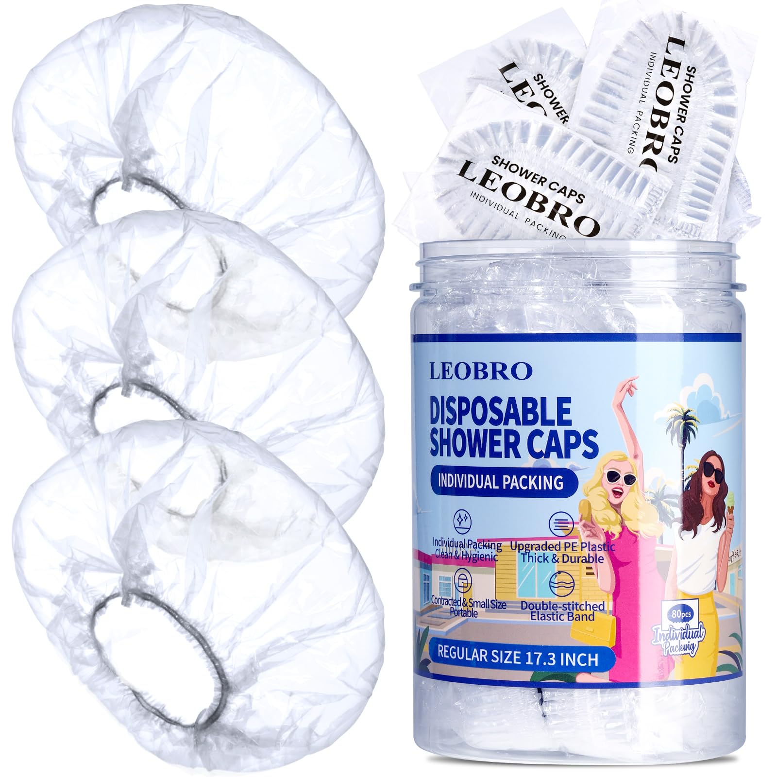 Leobro Shower Cap, 80Pcs Individually Wrapped Disposable Shower Caps For Women, Plastic Shower Caps Disposable, Plastic Hair Cap