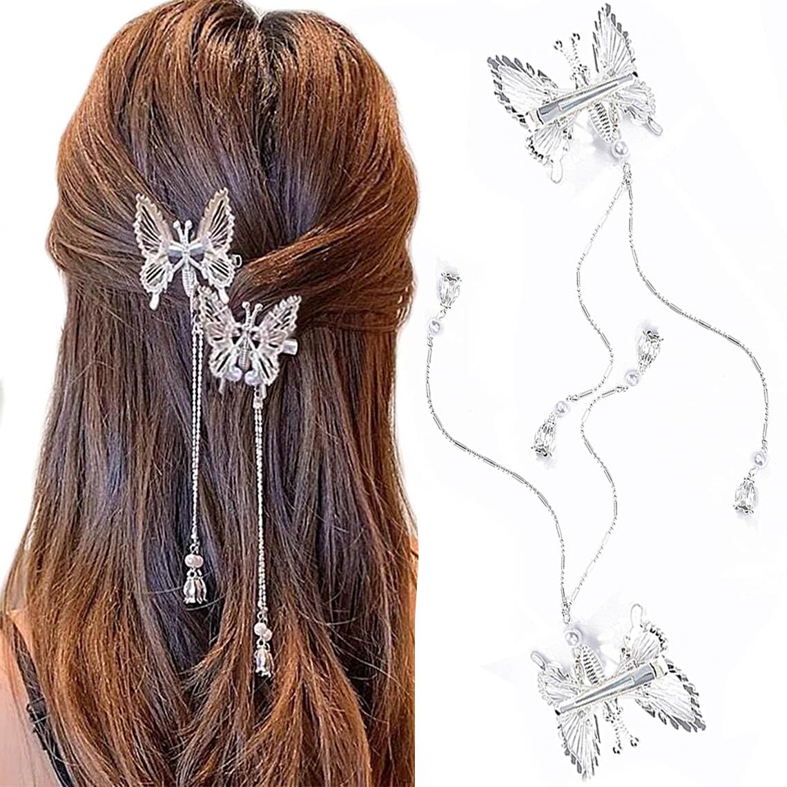 Bartosi Butterfly Clips Hair Silver Hair Barrettes Fluttering Tassel Hair Accessories Set for Women and Girls (Pack of 2)