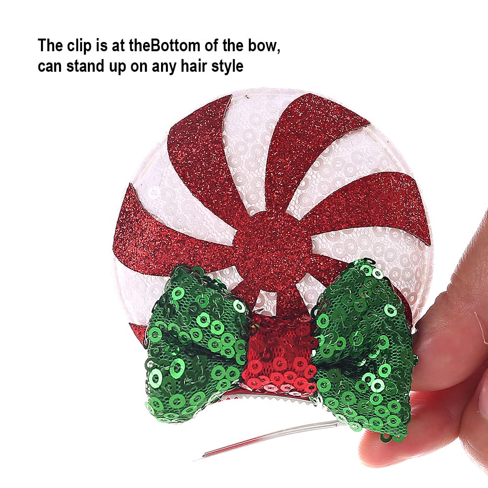 Jiahang Christmas Mouse Ear Clips With Glittering Sequin Bow 2 Pairs, Lollipop Girls' Hair Barrettes Hair Accessories For Theme