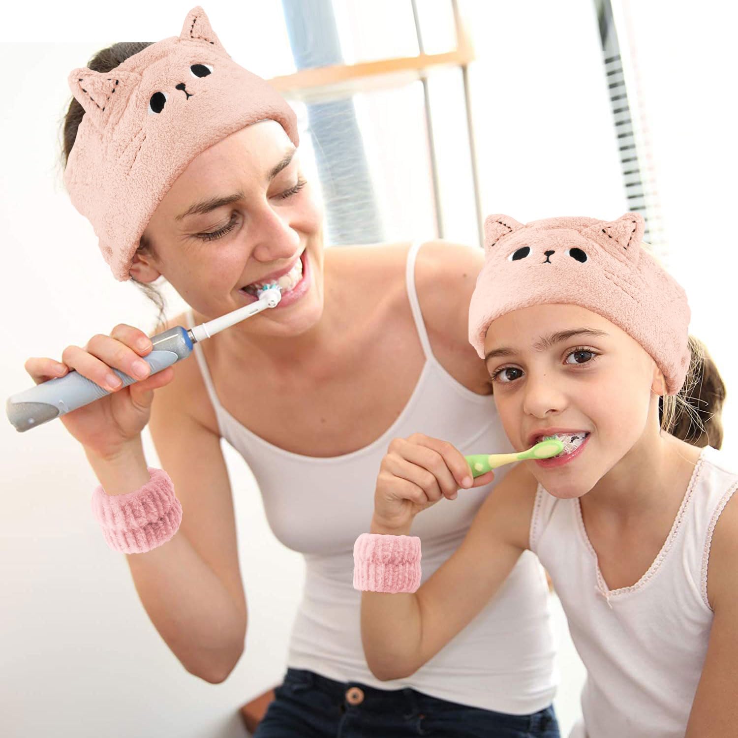 Atoden Cat Ears Spa Headband Wristband Set Cute Animal Skincare Headband Makeup Headband for Washing Face Elastic Face Wash Hair
