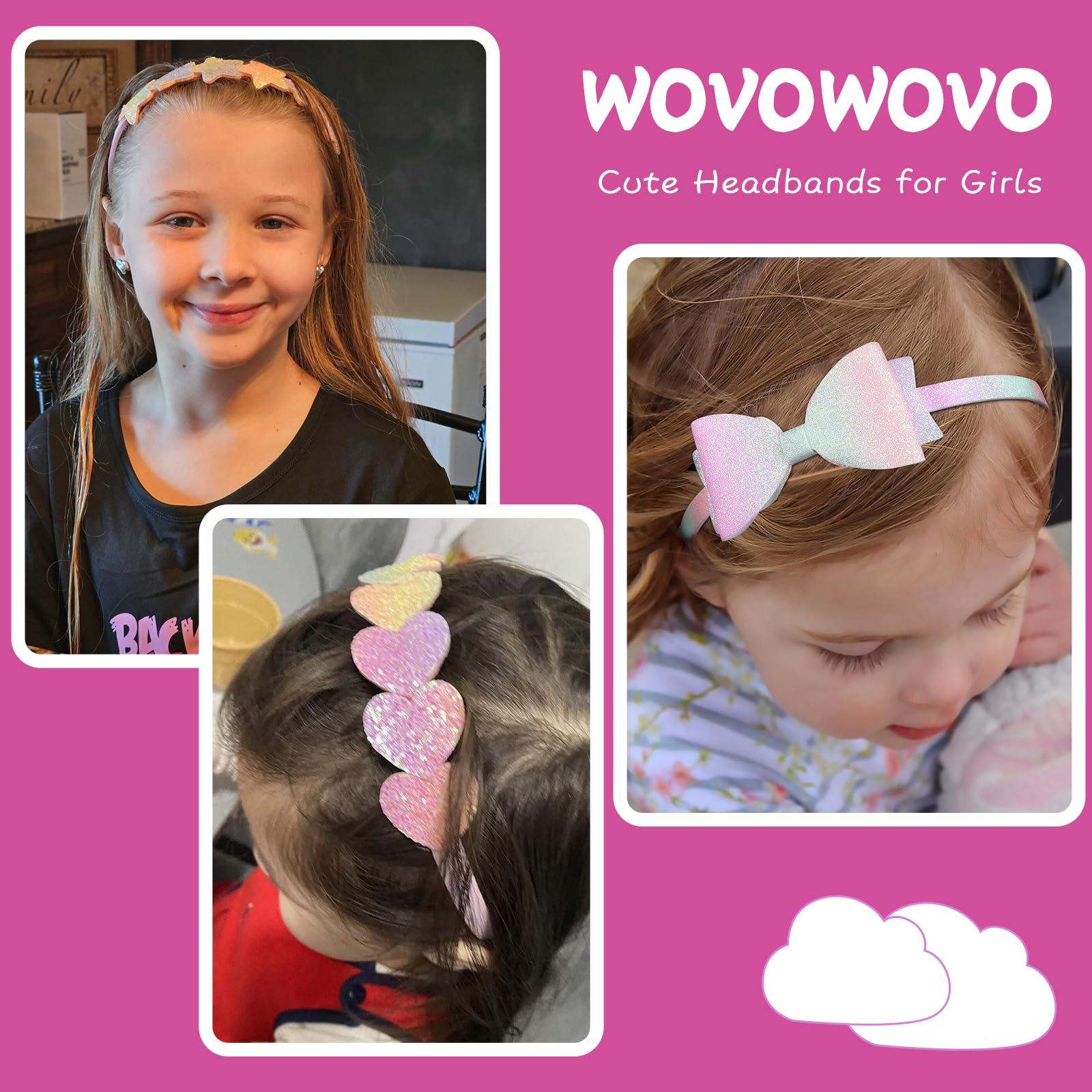 WOVOWOVO Headbands for Girls 6 Packs Girls Headbands Glitter Toddler Hair Accessories, Cute Kids Head Bands for Ages 4-12, Sweet