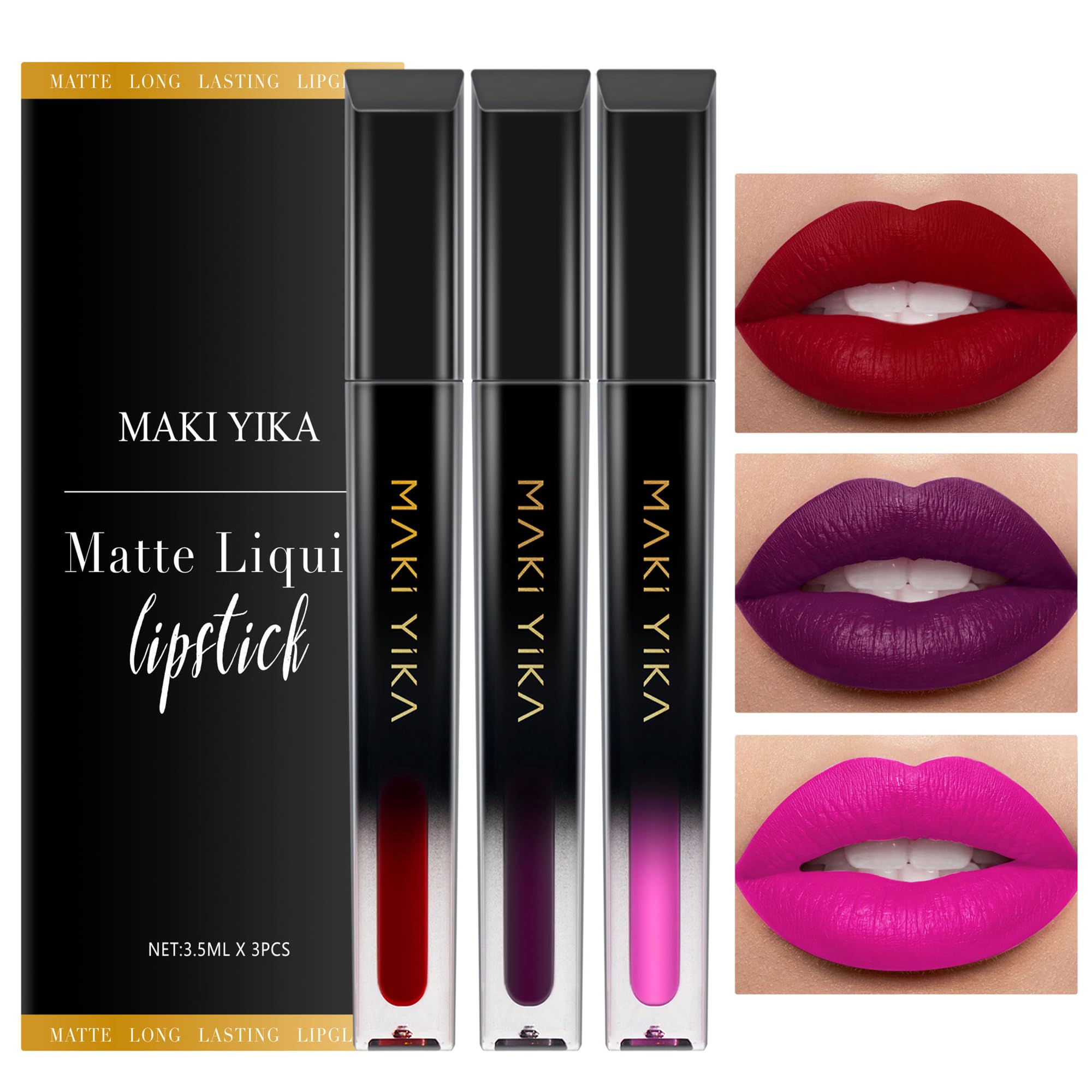 Maki Yika 3Pcs Matte Liquid Lipstick Makeup Set, Red Purple Pink Lipstick Long Lasting, Smudge Proof Non Transfer Lip Makeup