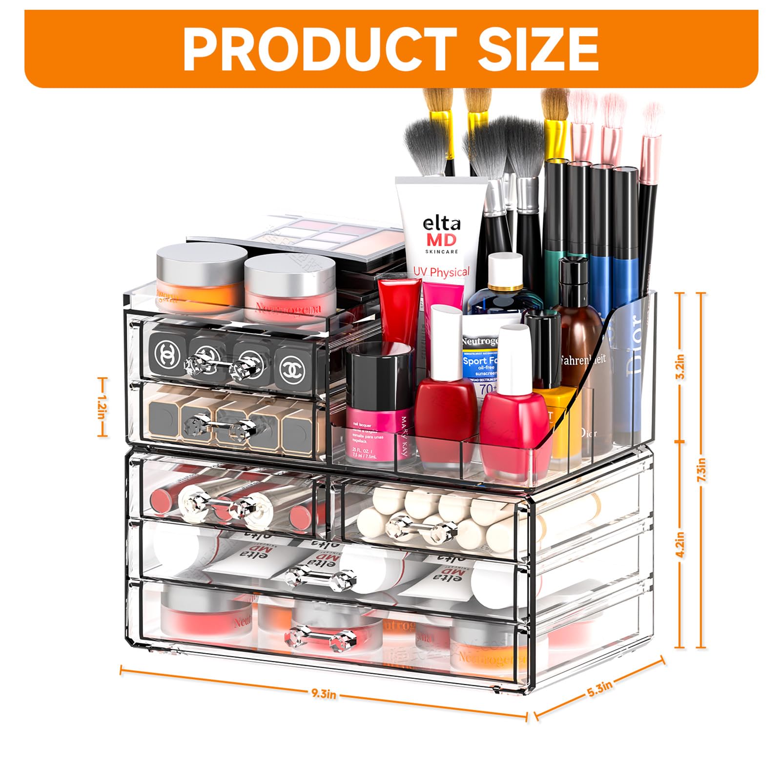 SuoXing 2 Pack Acrylic Counter Makeup Organizer for Vanity,Stackable 6 Drawers Make Up Organizers for Jewelry,Hair Accessory,Bea