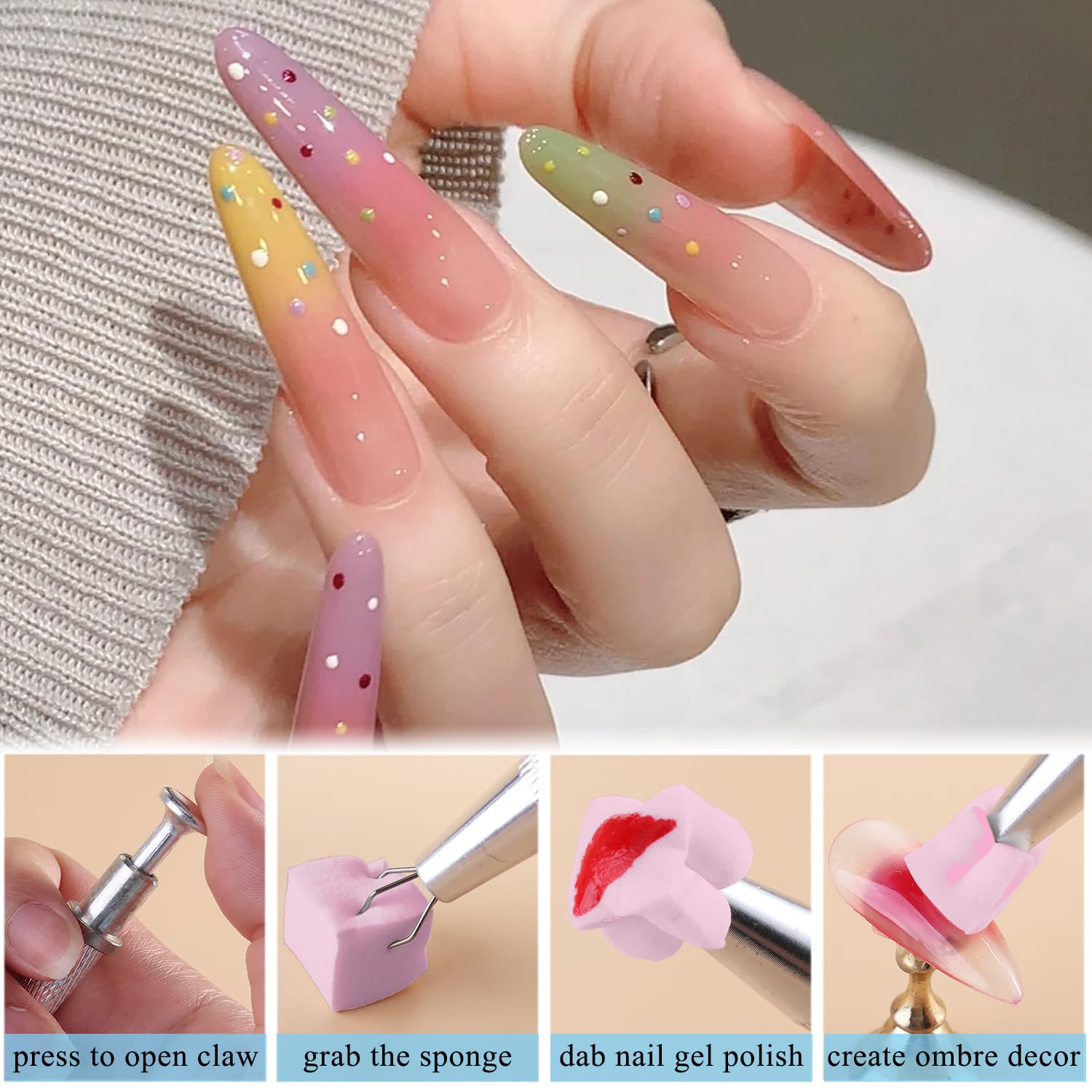 Fcozpjk 100Pcs Soft Nail Sponges for Ombre, Gradient Effect Pink Nail Art Sponges With Grabbing Pen 6Pcs Wedge Sponges Aura Nail