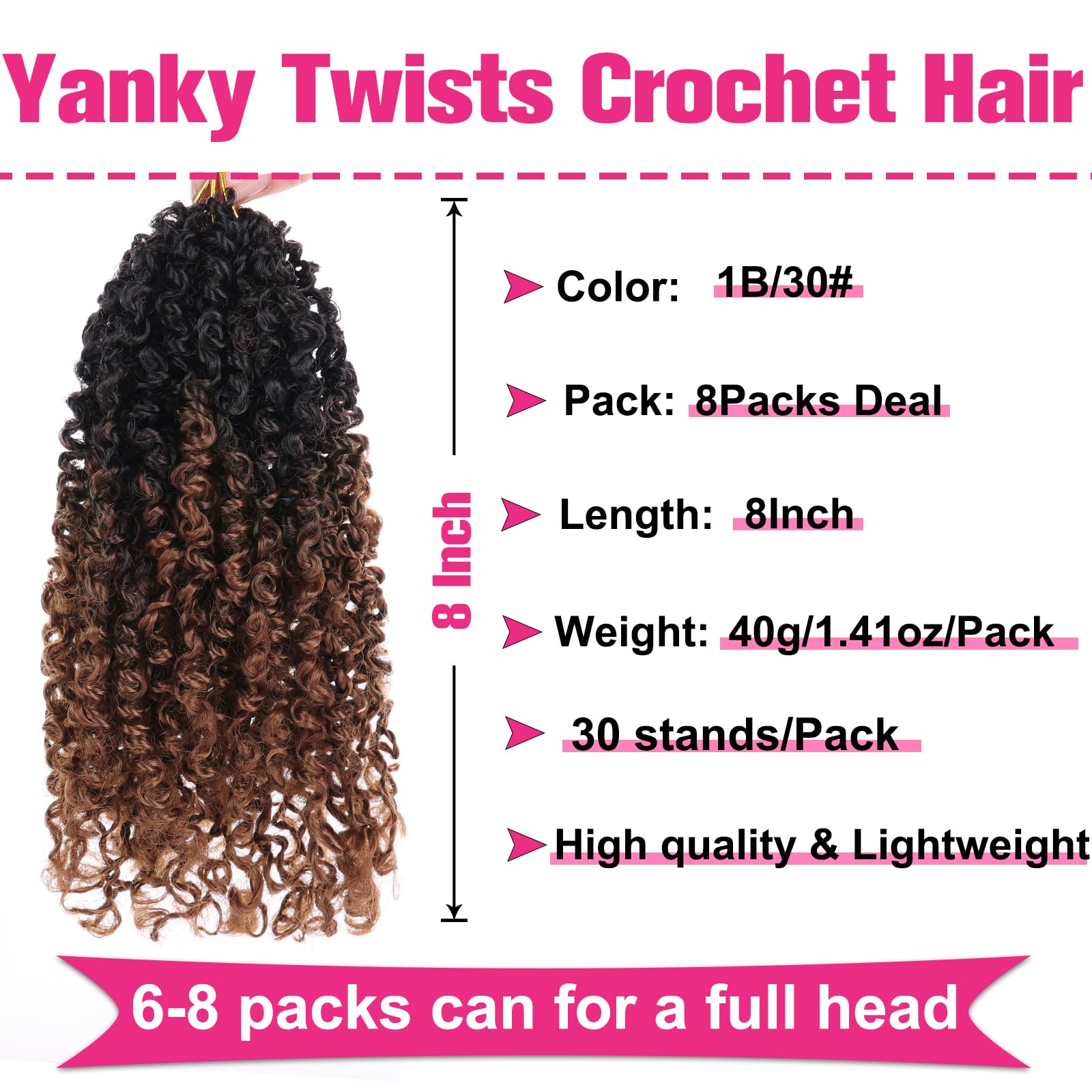 Unionbeauty 8 Inch Pre-looped Yanky Twist Crochet Hair, Ombre Brown, 8 Packs, 30 Strands/PCS, Synthetic Passion Twist Extensions 1B/30#