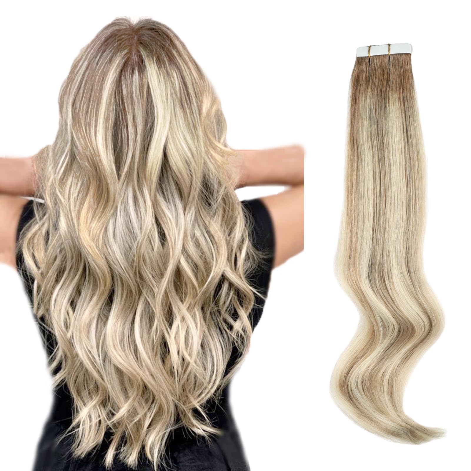 Abh Amazingbeauty Hair Tape In Hair Extensions Human Hair Bleach Blonde-Chocolate Brown With Light Chestnut Brown Rooted R8A-840