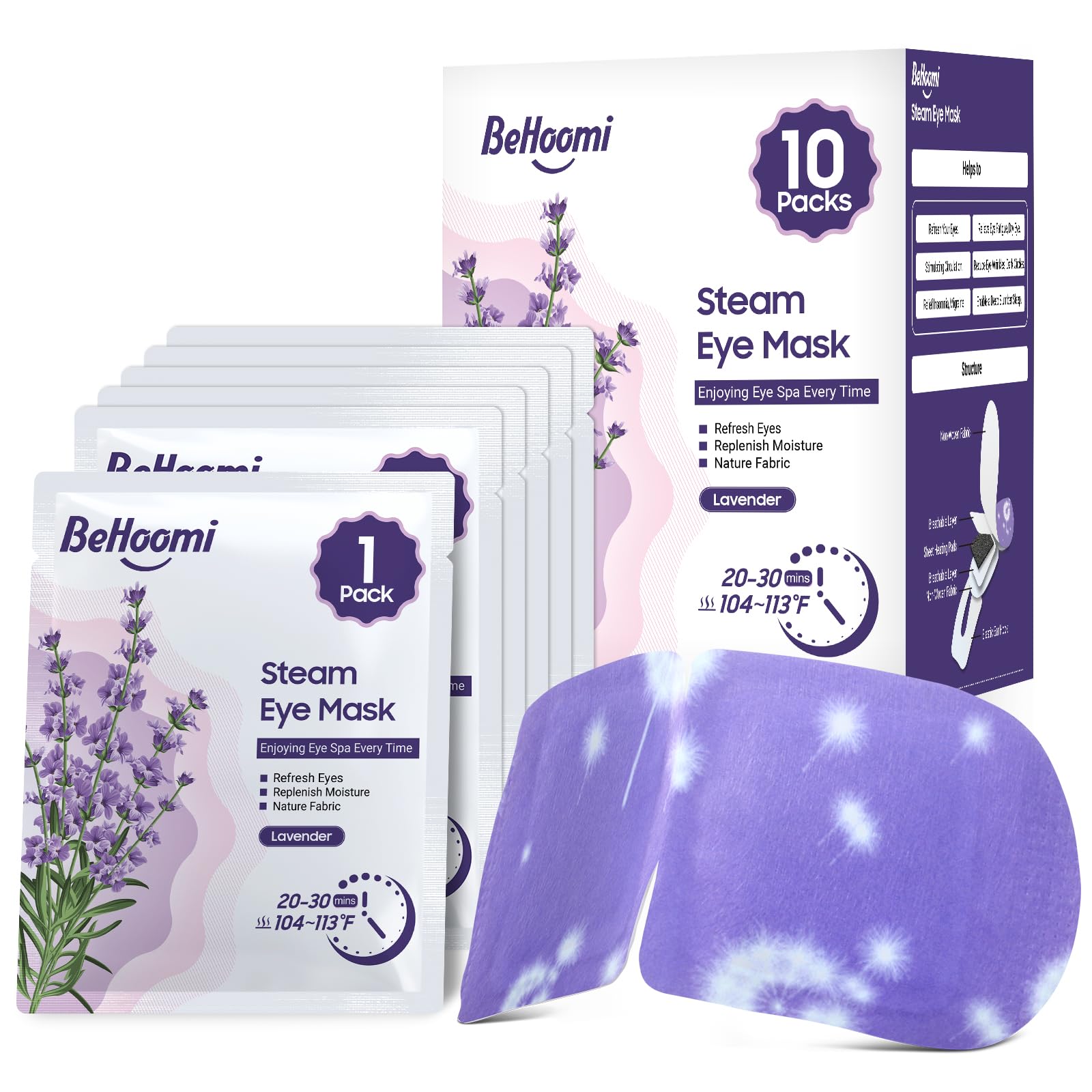 BeHoomi Steam Eye Mask - 10 Pack Heated Disposable SPA Warm Compress, Lavender Scent, Cotton, Travel Essentials & Relaxation Gifts