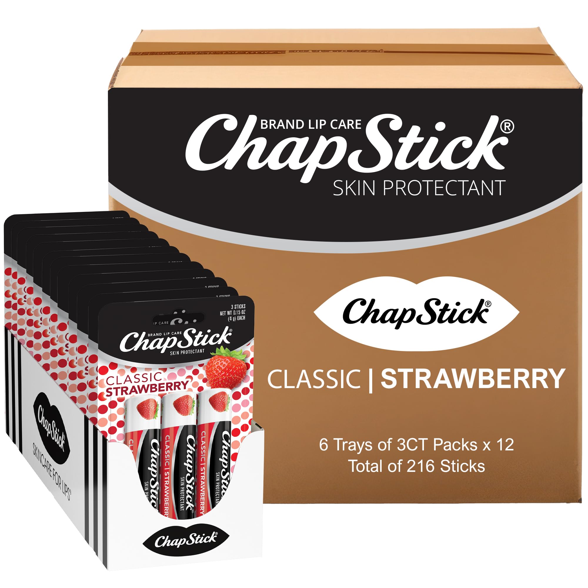 ChapStick Bulk Lip Balm Classic Strawberry, Lip Care Tubes, 0.45 oz, 216 ct case