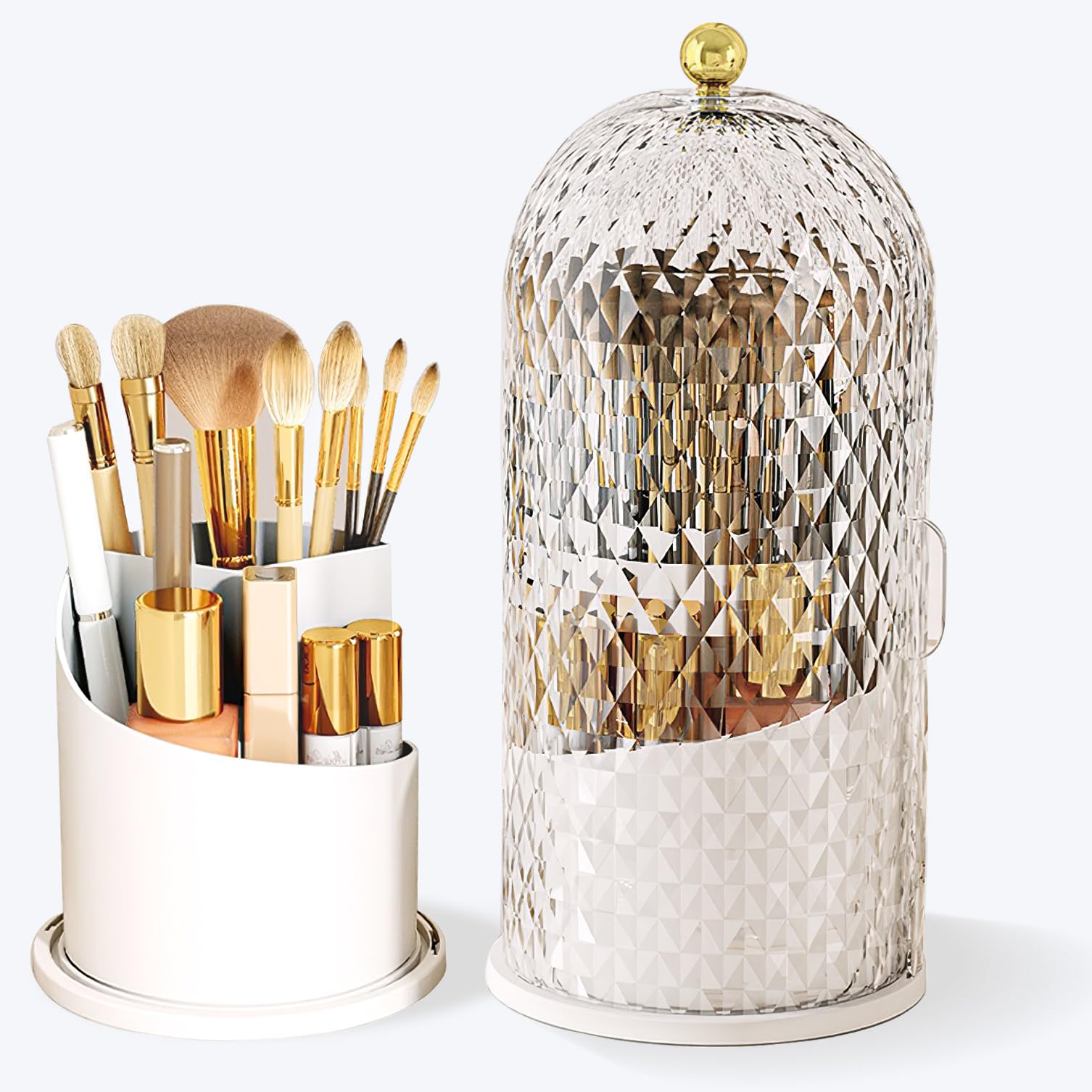 JIANGLAI Makeup Brush Holder with Lid, 360 Rotating Multifunction Clear Dustproof Skincare Cosmetic Tools Storage Organizer for 
