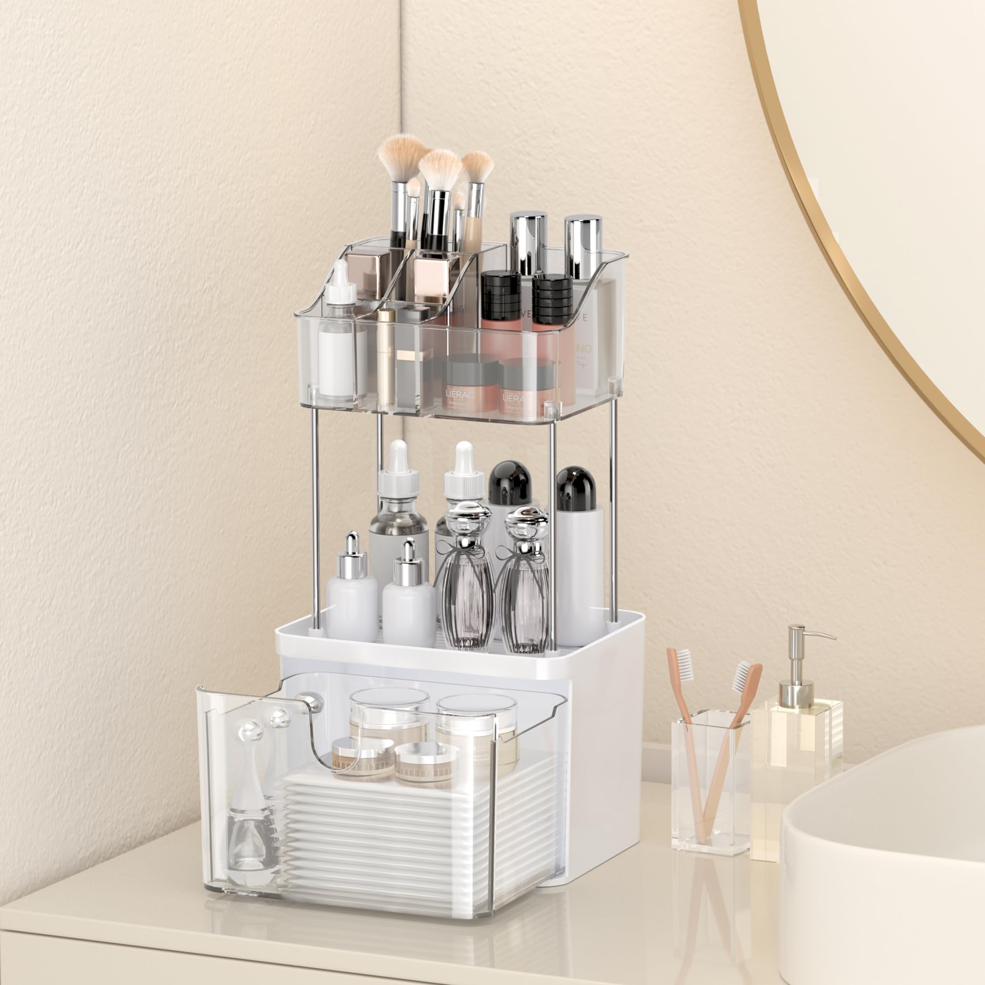 Doadw Bathroom Countertop Organizer With Drawer - 3 Tier Makeup Organizer For Vanity - Medium Clear Multi-Purpose Makeup Skin Ca