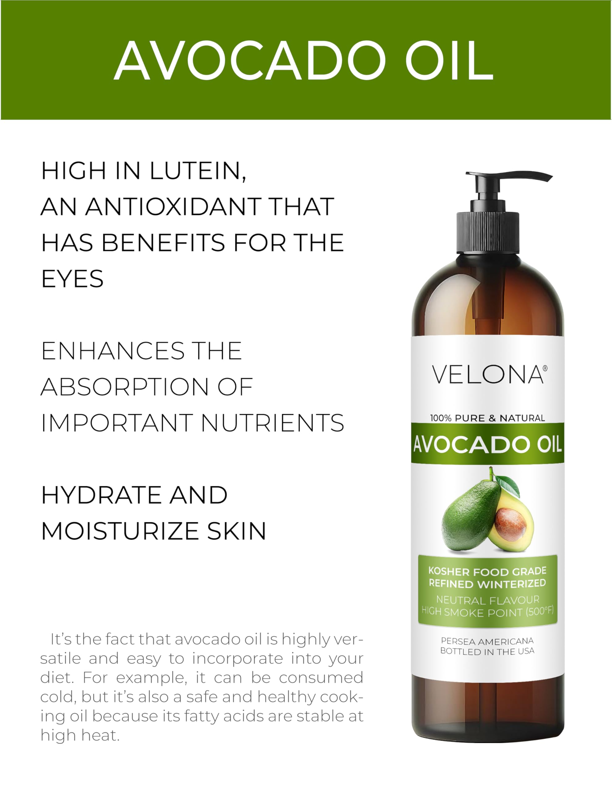 Velona Avocado Oil 16 Fl Oz | 100% Pure And Natural Carrier Oil | Refined, Cold Pressed | Hair, Body And Skin Care | Use Today -