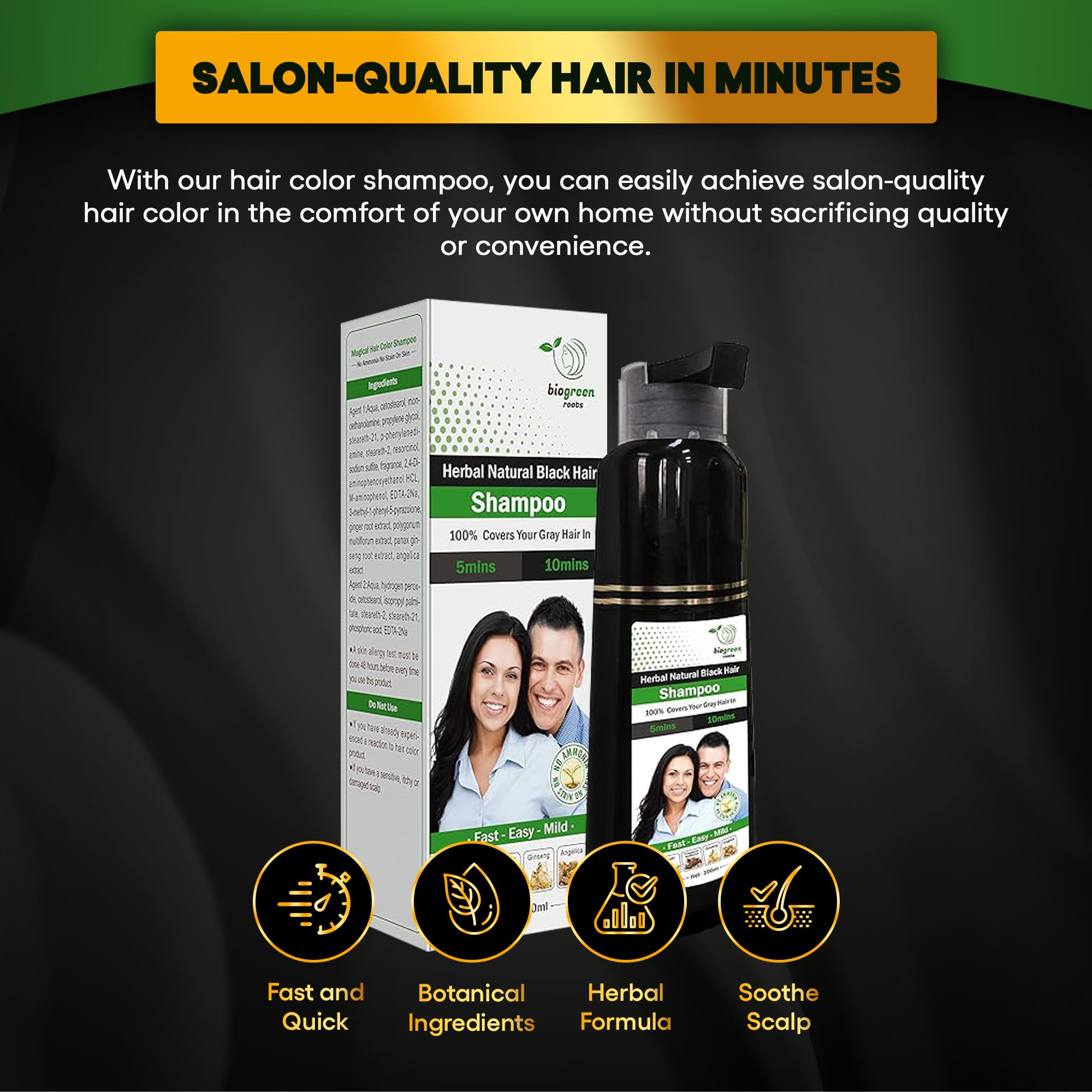 BIOgREEN ROOTS 200 ml Natural Black Hair color Shampoo With Herbals - Black Shampoo for grey Hair - covers gray Hair in 10 Minut