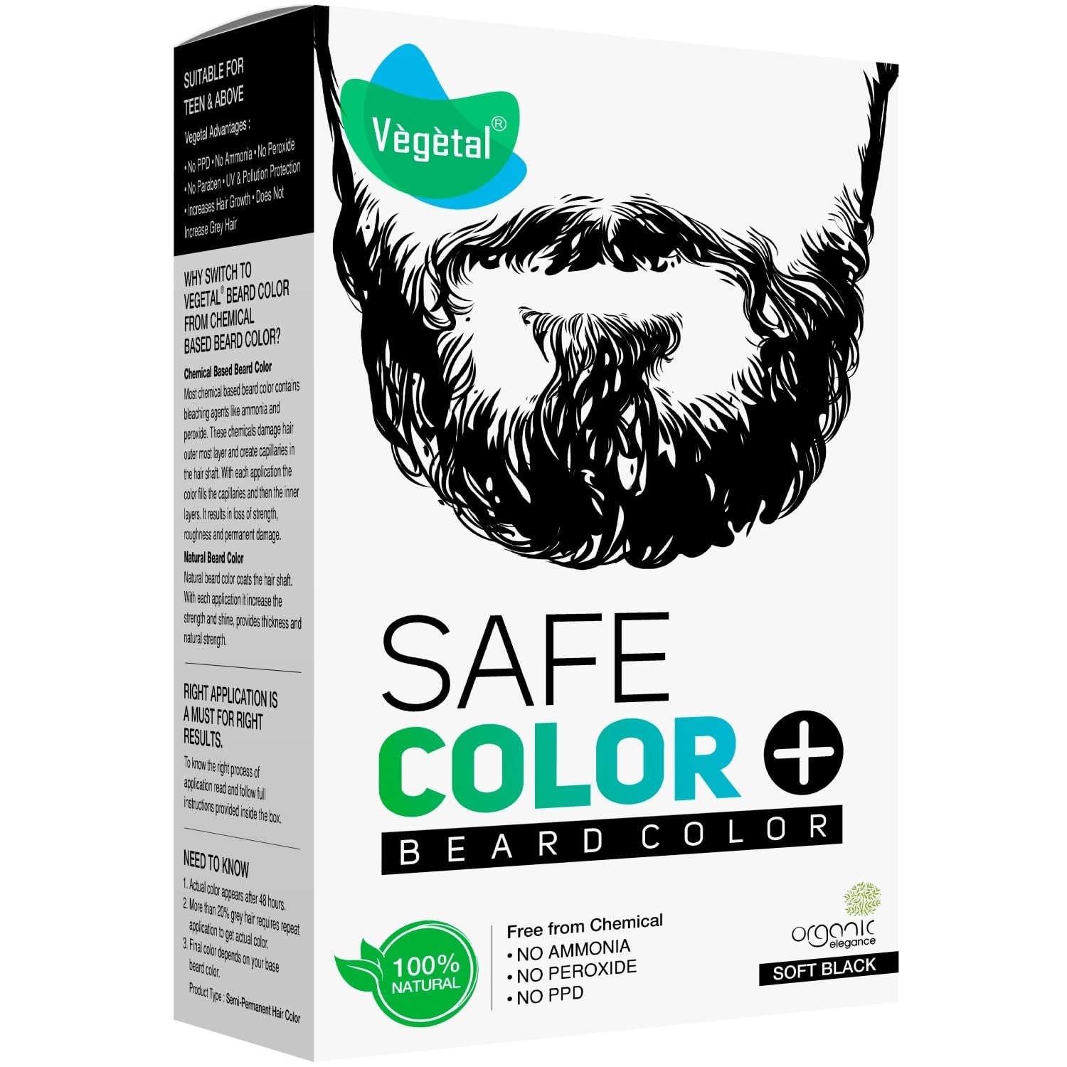 Vegetal Safe Color - Soft Black 25gm - Certified Organic Chemical and Allergy Free Bio Natural Beard Hair Color with No Ammonia 