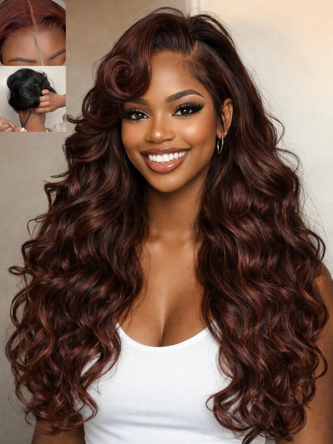 Nadula 7x5 Bye Bye Knots No Slip Auburn Reddish Brown Body Wave Side Part Drawstring Wig Human Hair,Pre Cut Glueless Bye Bye Sli