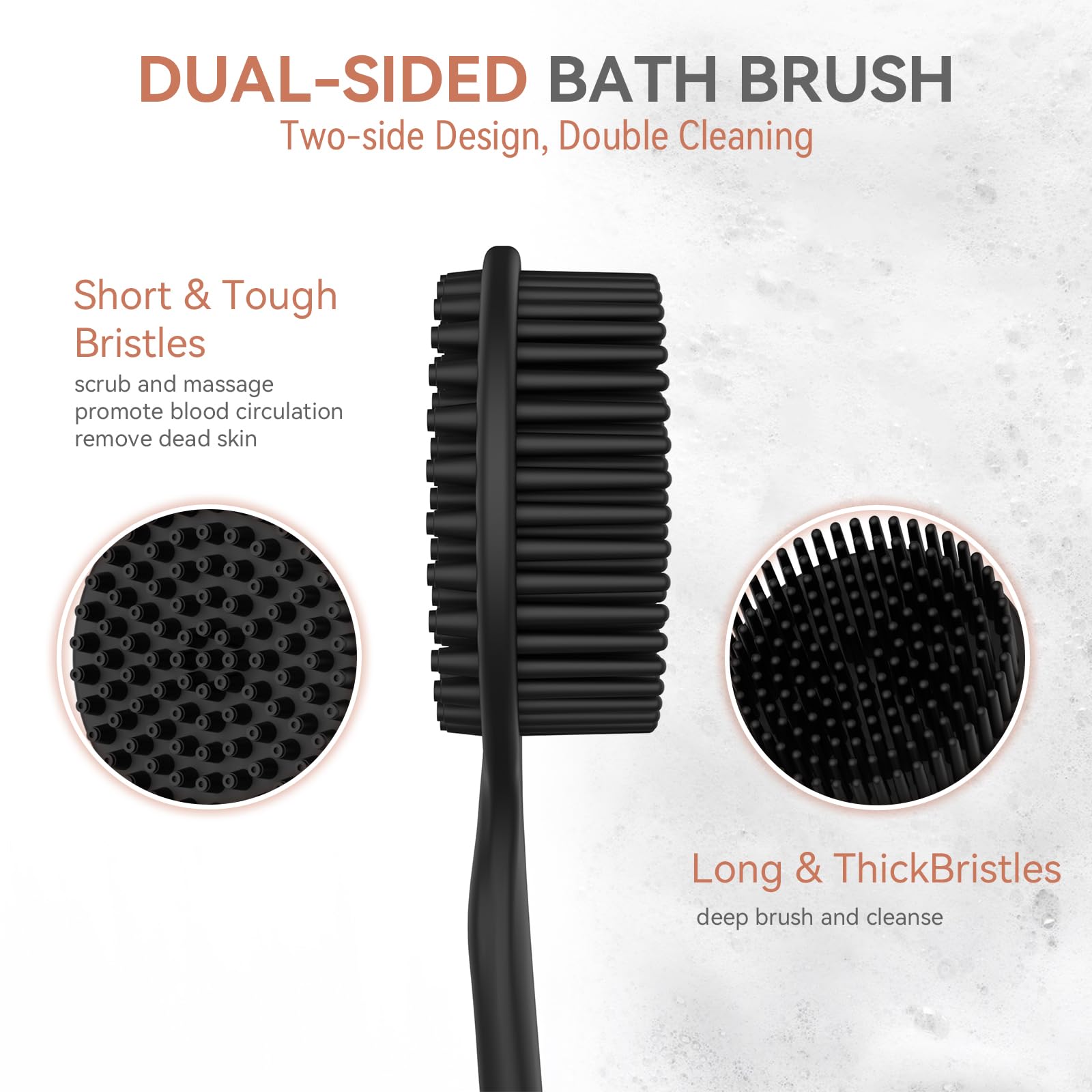 QiaKeoo 3 PCS Silicone Bath Brush Set - Back Scrubber, Body & Face Brushes, Super-Exfoliating, Black