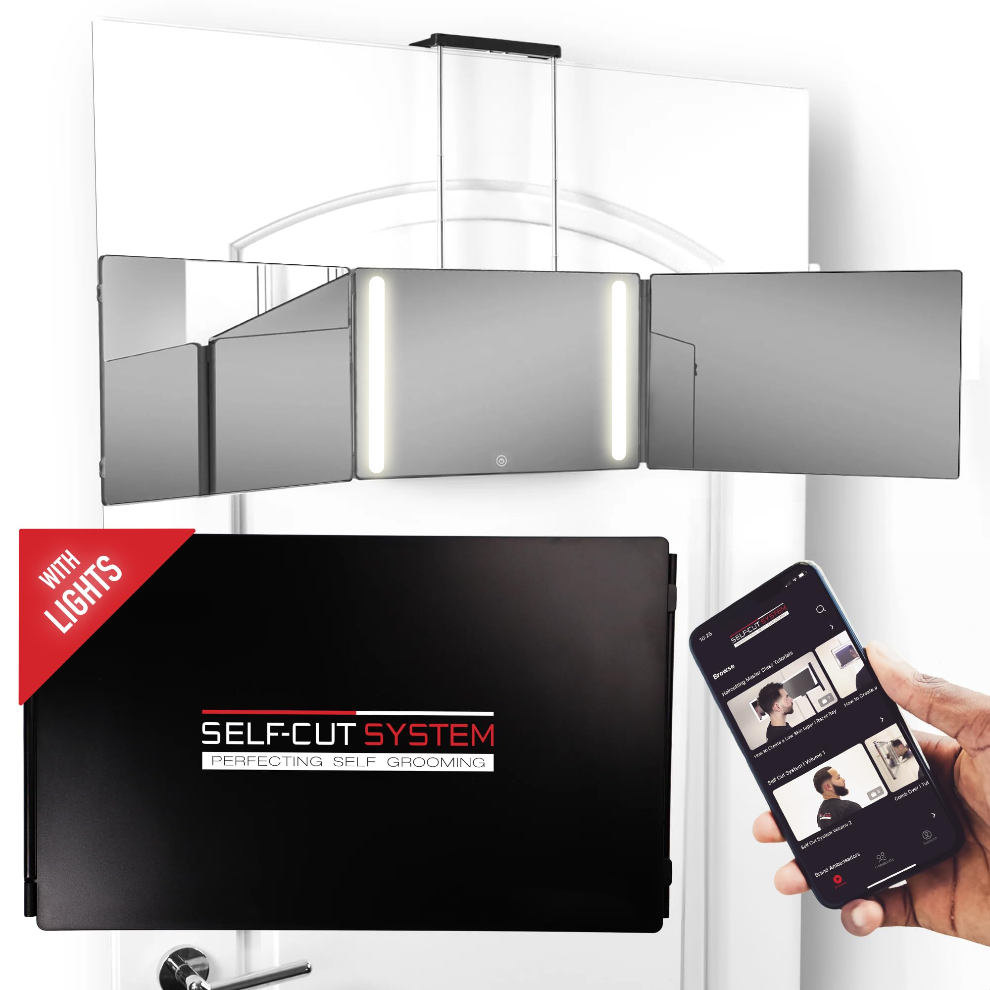 Self-Cut System - 3 Way Mirror with Lights - Three Way Mirror for Self Hair Cutting - Over The Door Mirror - Trifold Mirror - 36