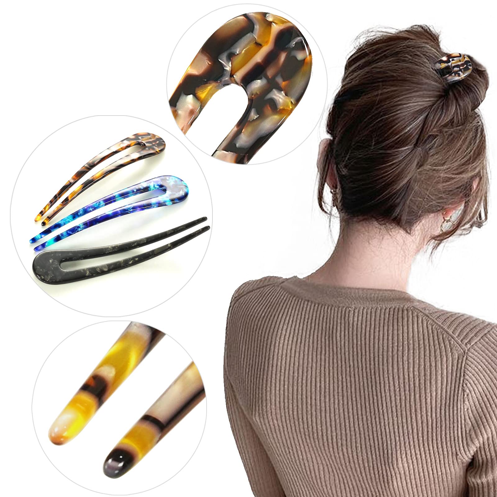 HYFEEL French Hair Forks Tortoise Shell U Shape Updo Hair Pins Clips for Thin Thick Hair, Long Classic 2 Prong Bun Hair Sticks C
