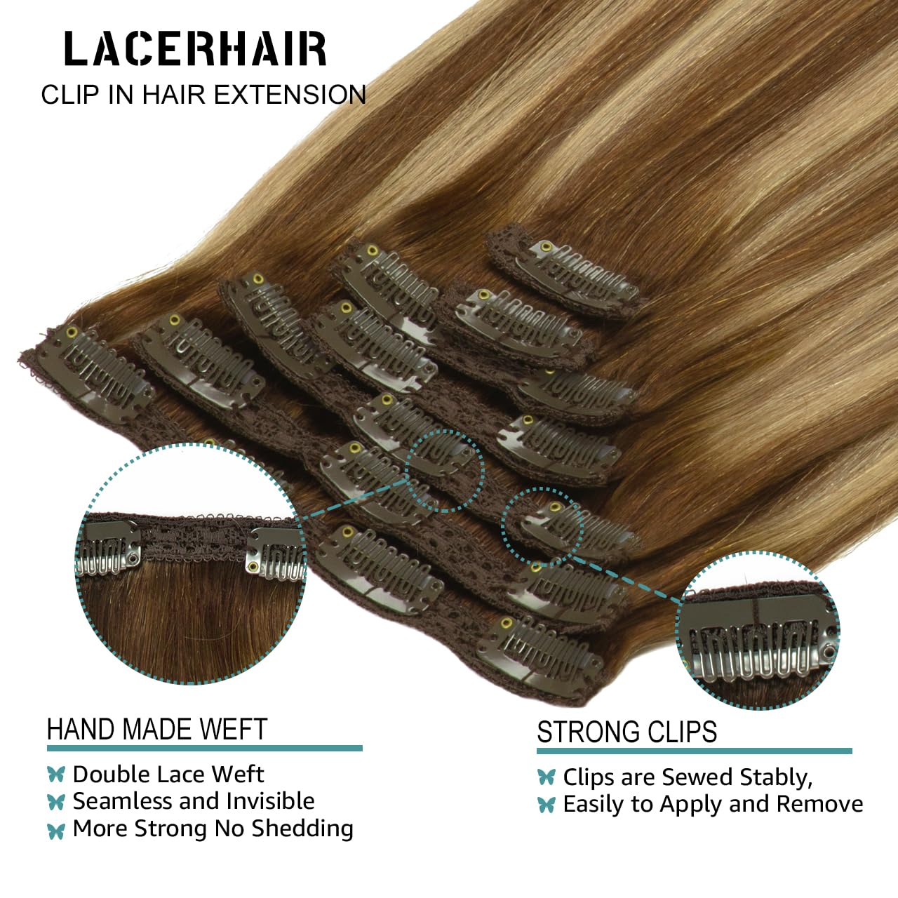 Lacer Hair Extensions Clip In Human Hair Ombre Chocolate Brown To Caramel Blonde With Brown Roots 120G 7Pcs Remy Human Hair Exte