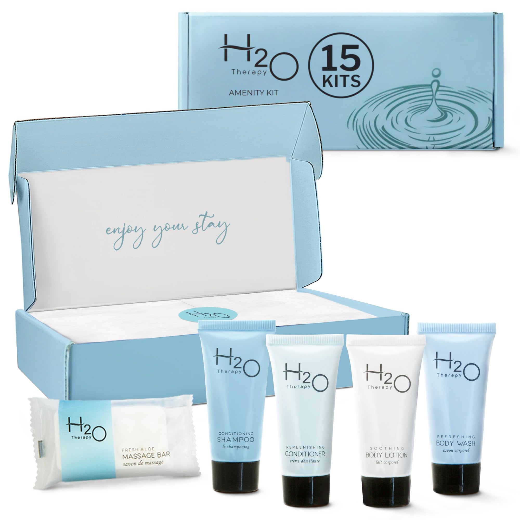 H2O Therapy Amenity Kit | Boxed Hotel Toiletries | Bulk Set .85 Oz Travel Size Shampoo, Conditioner, Lotion, Body Wash & Body Ba