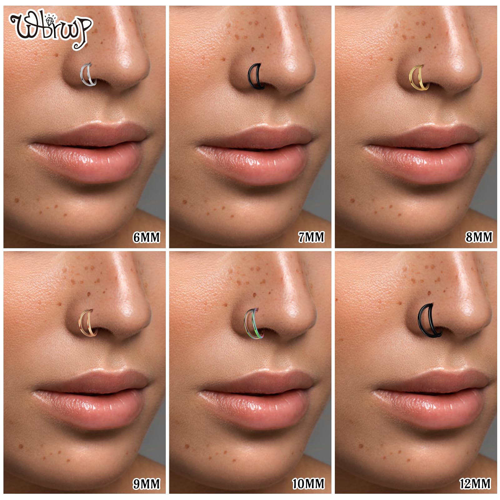 WBRWP Nose Ring Lip Rings Septum-Clicker : Double Ring Open Stacked Silver Ring 20G 8mm 316L Surgical Steel Sleeper Earring Heli