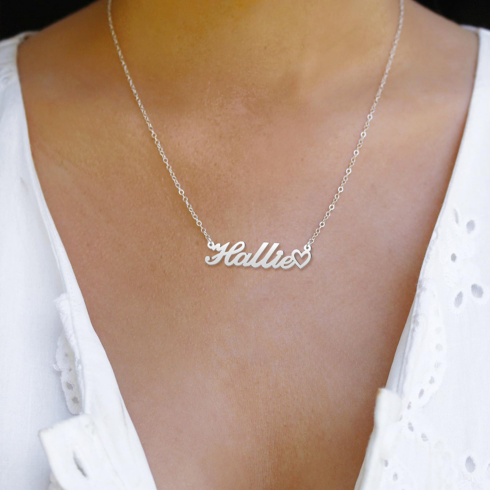 CoolJewelry Personalized Custom Name Necklace for Women Name Necklaces with Heart 18K Gold Plated or Sterling Silver Nameplate C