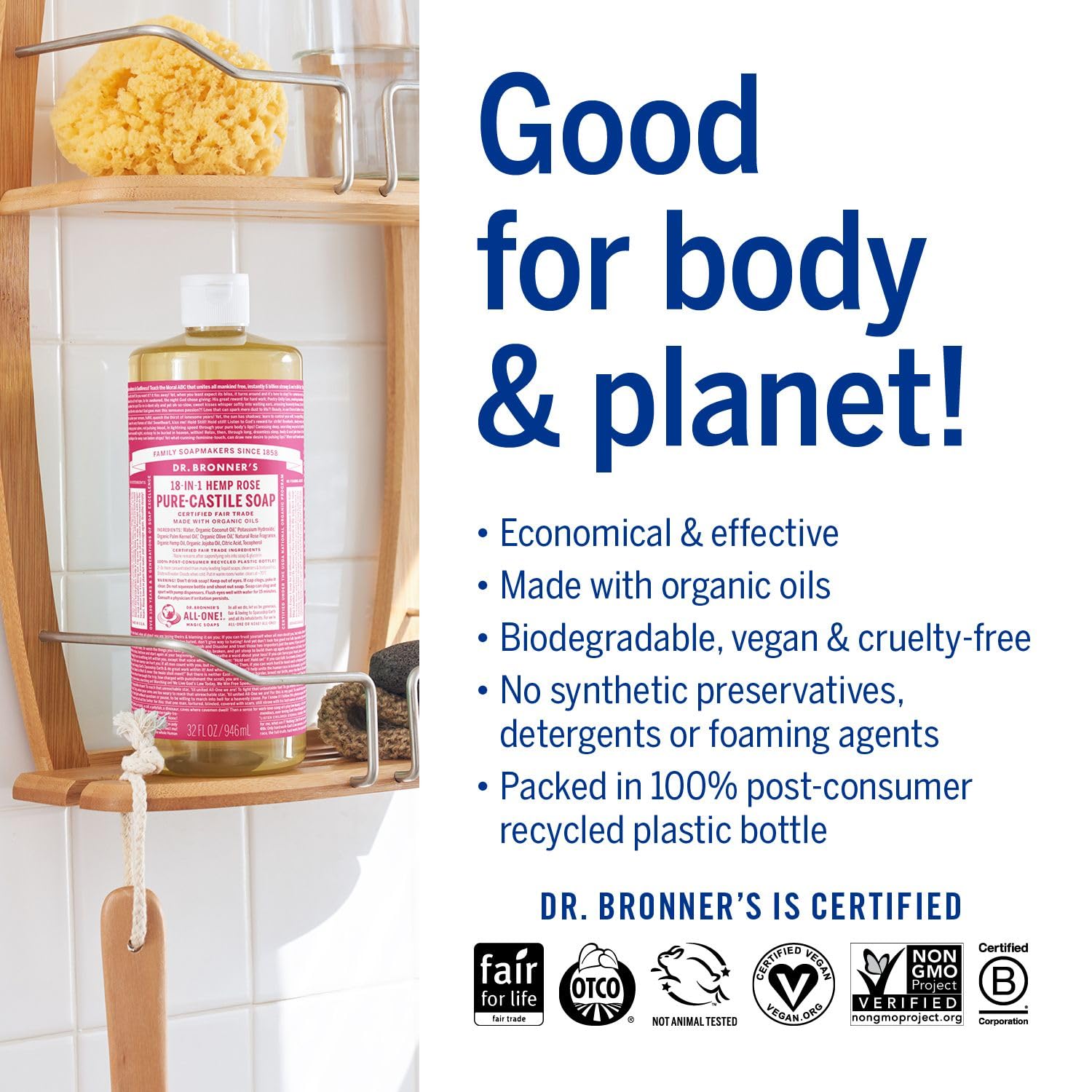 Dr. Bronner'S - Pure-Castile Liquid Soap (Rose, 32 Ounce) - Made With Organic Oils, 18-In-1 Uses: Face, Body, Hair, Laundry, Pet