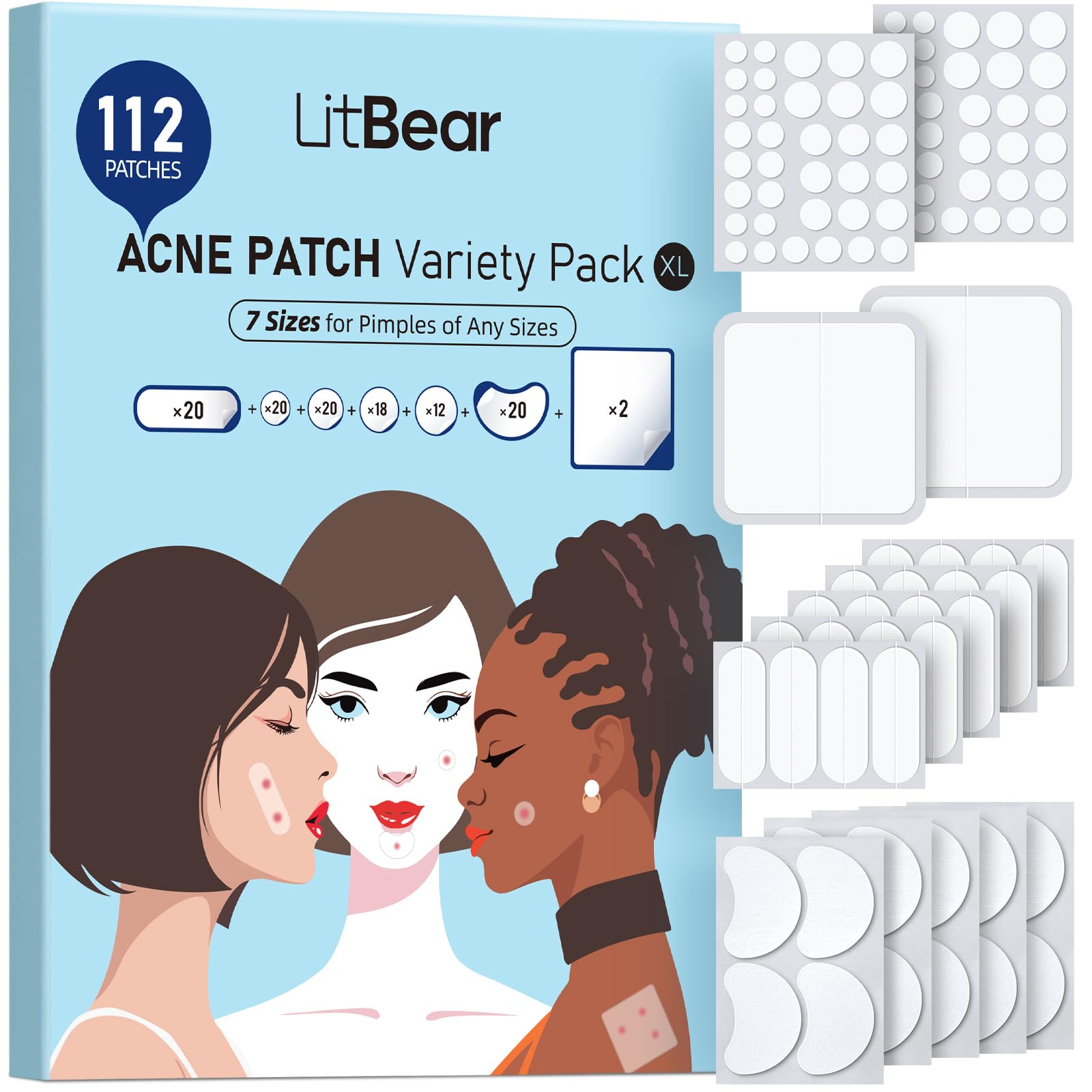 LitBear Large Pimple Patches (7 Sizes 112 Patches), Big Acne Patches, XL Hydrocolloid Bandages for Full Face, Forehead, Chin, No