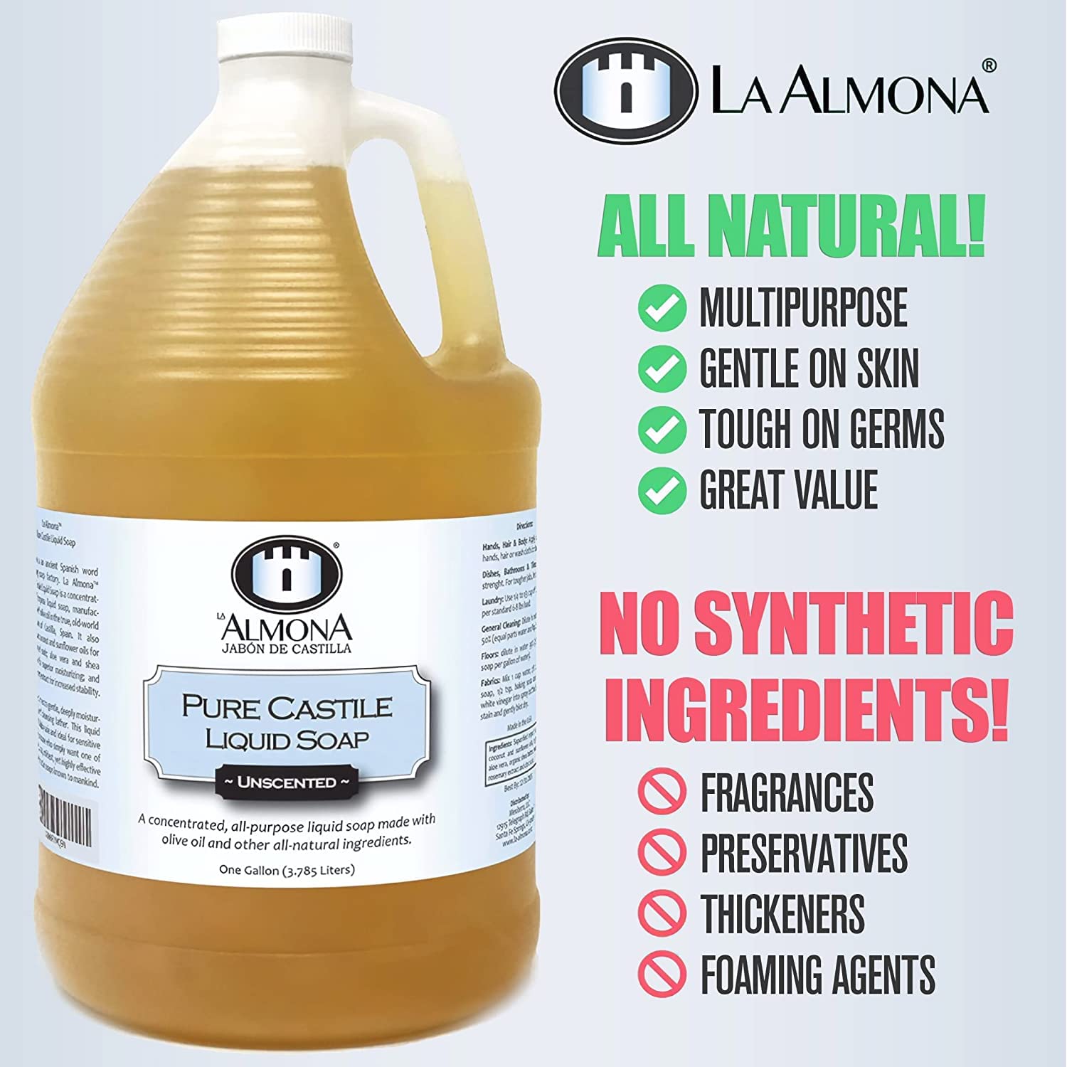 La Almona - Pure Castile Liquid Soap, Unscented, 2 Gallons - Multipurpose: Hands, Face, Body, Laundry, Dishes & More - For Sensi