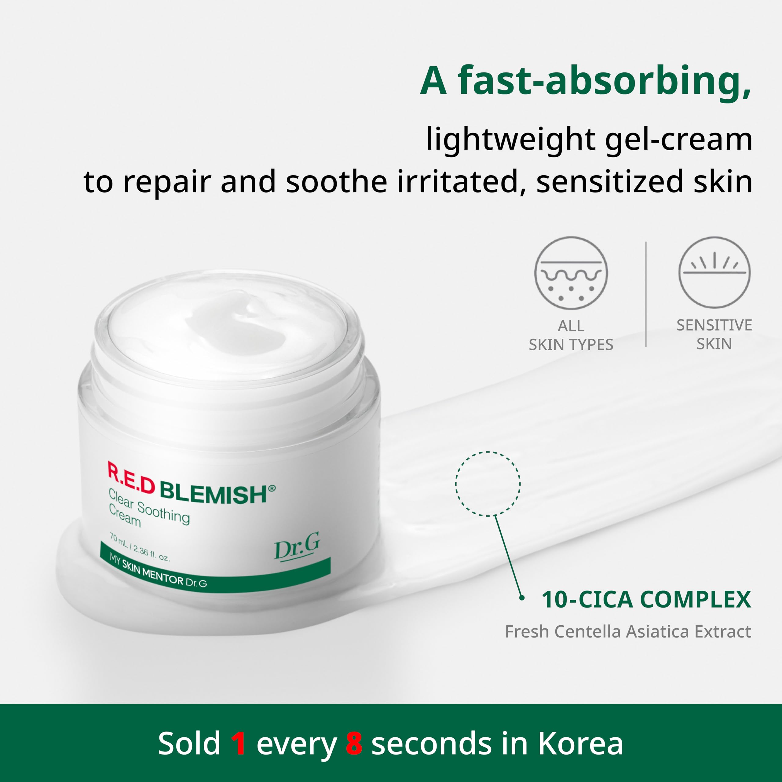 Dr.G Red Blemish Clear Soothing Cream, 70Ml - Moisturizing Recovery Cream For Sensitive Acne-Prone Skin; Cica Soothing Moisturiz