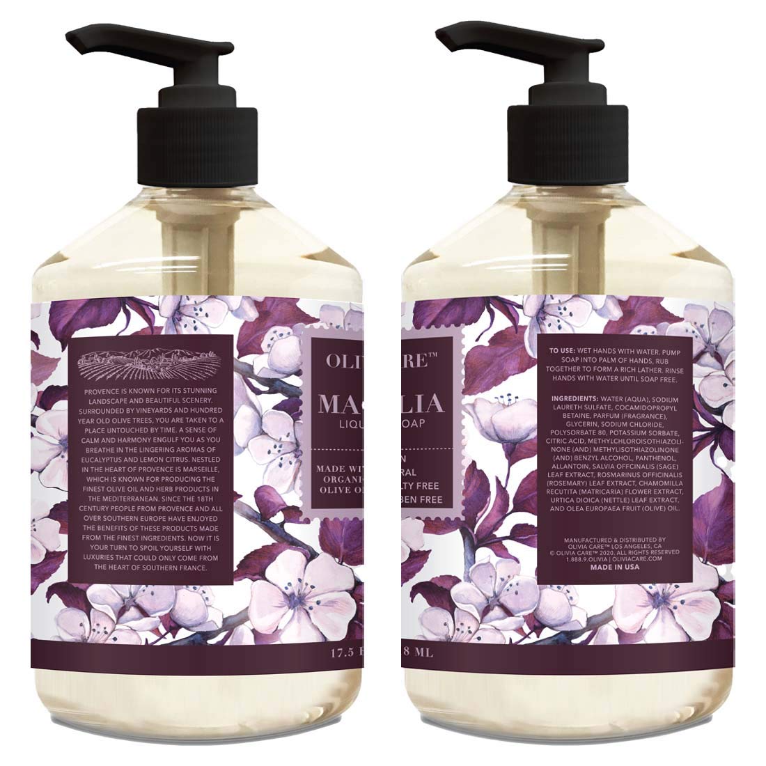 Olivia Care Liquid Hand Soap Magnolia & Essential Oils. All Natural - Cleanse, Germ-Fighting, Moisturize Hand Wash For Kitchen &